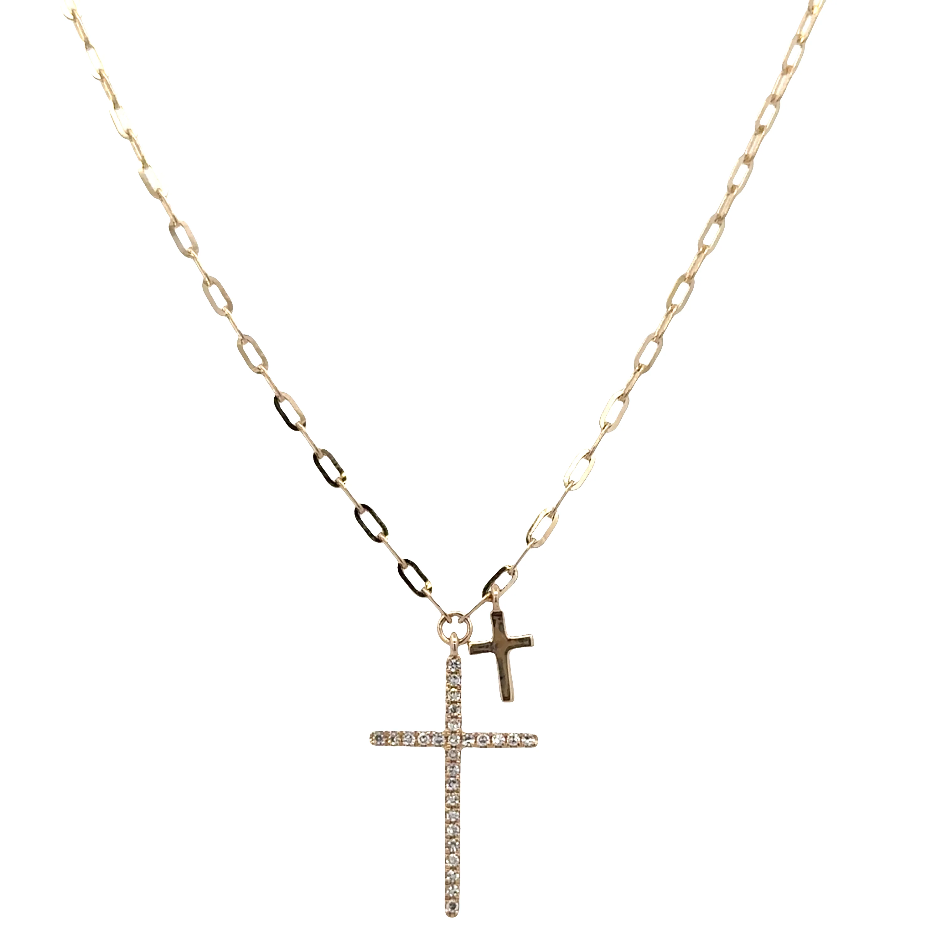 14k Yellow Gold Diamond Double Cross Pendant Necklace – Adjustable 18"