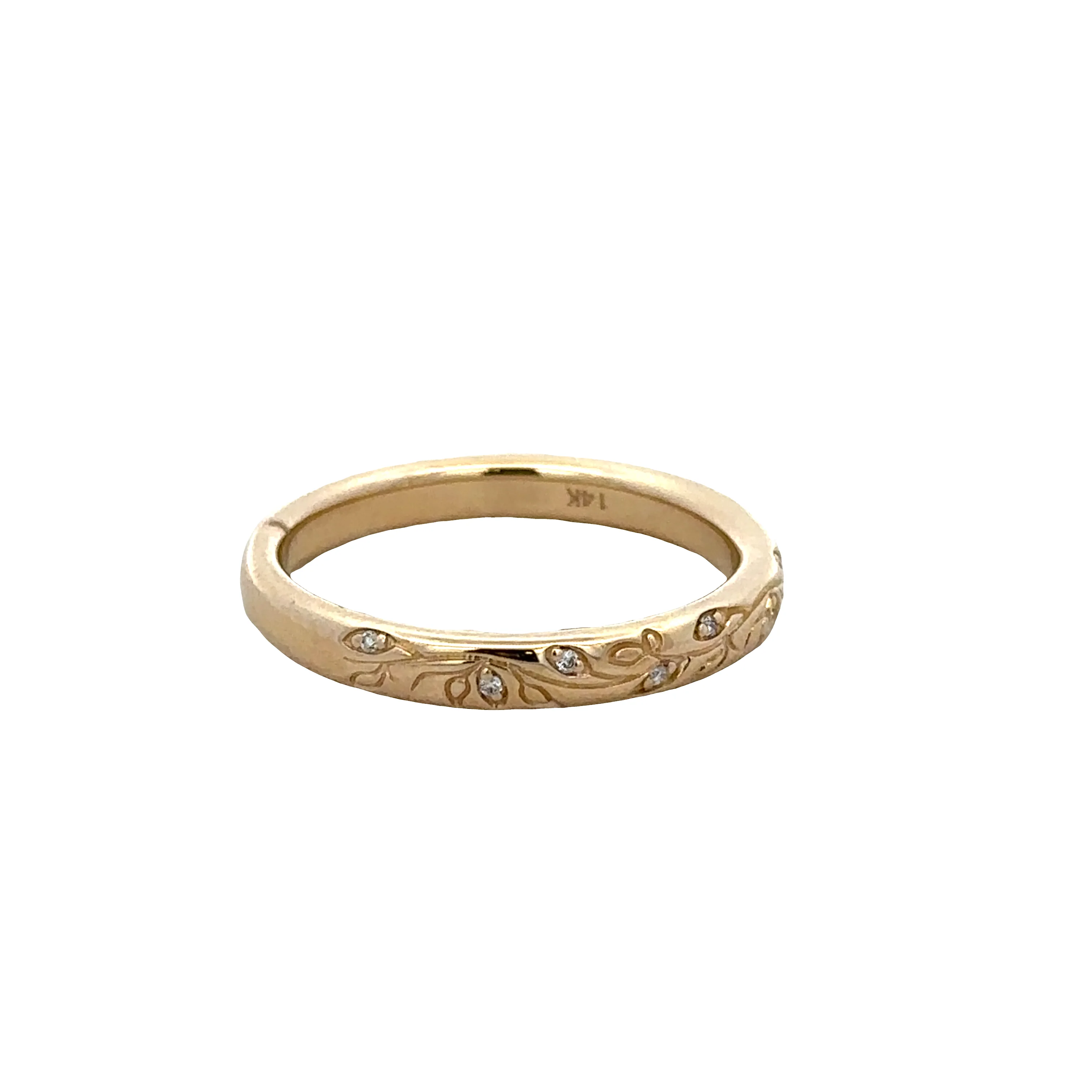 14k Yellow Gold Diamond Engraved Foliate Wedding Band – Size 6 - Image 2
