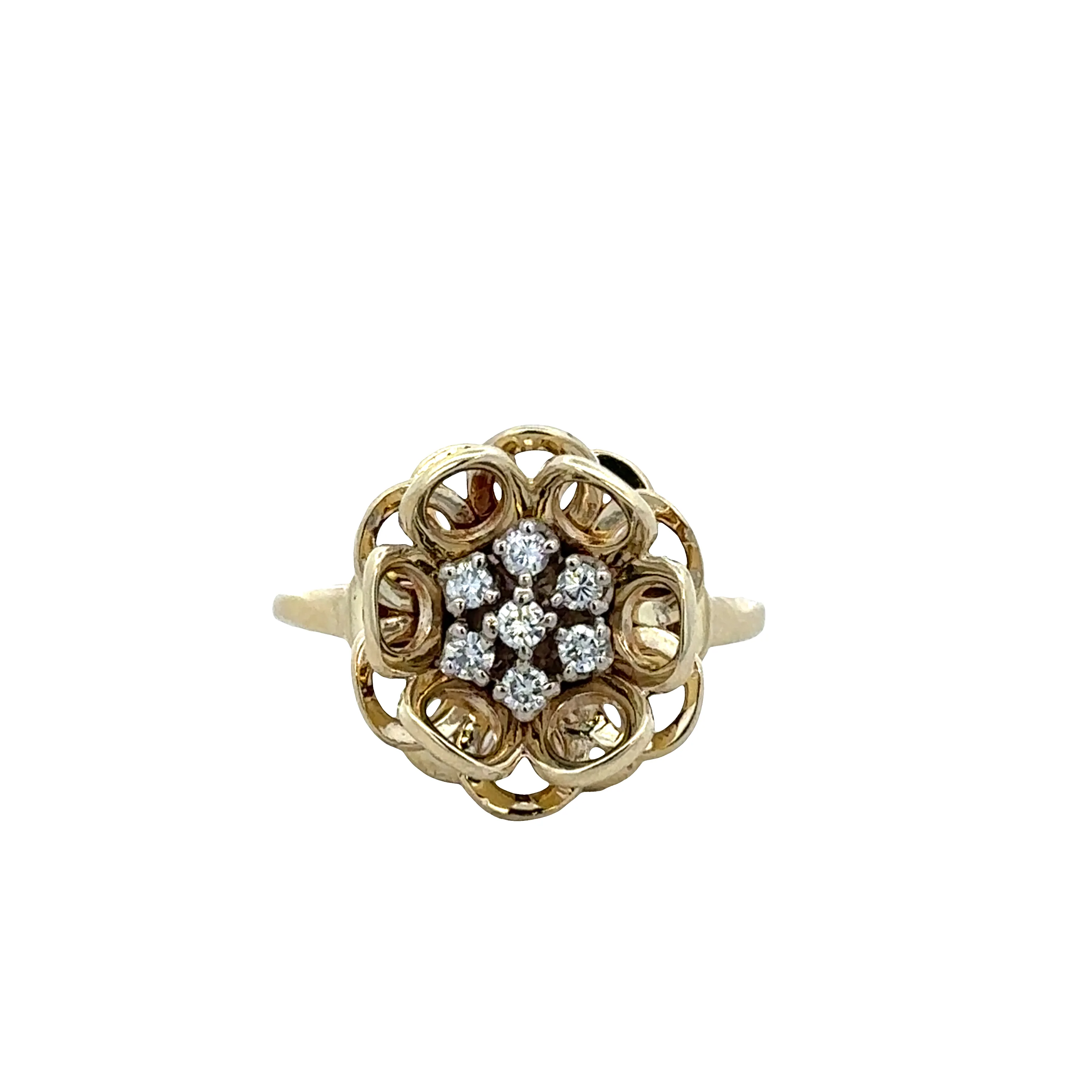 14k Yellow Gold Diamond Openwork Flower Ring – Size 6.25