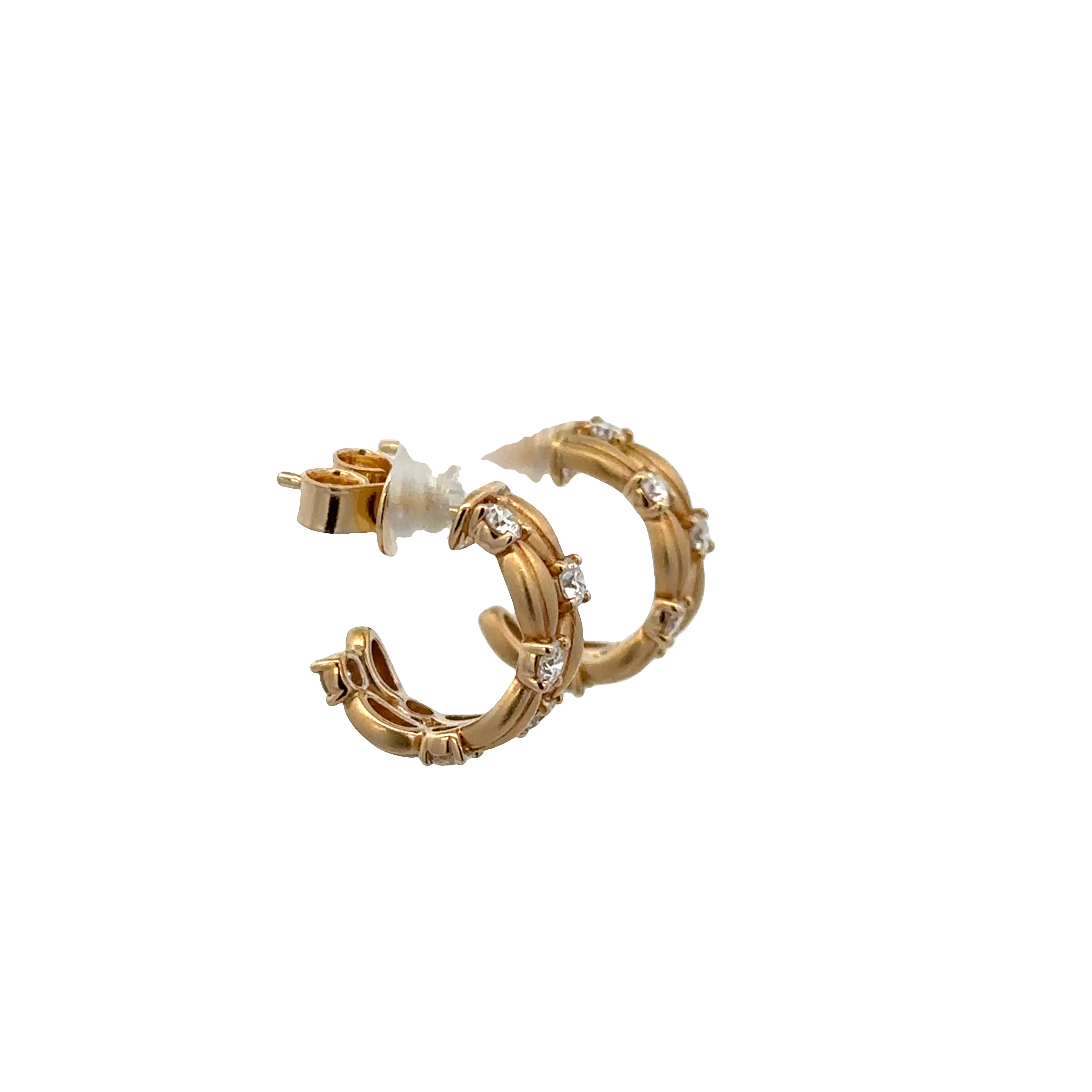 14k Yellow Gold Diamond Textured Huggie Earrings – 1/2" Tall - Image 2