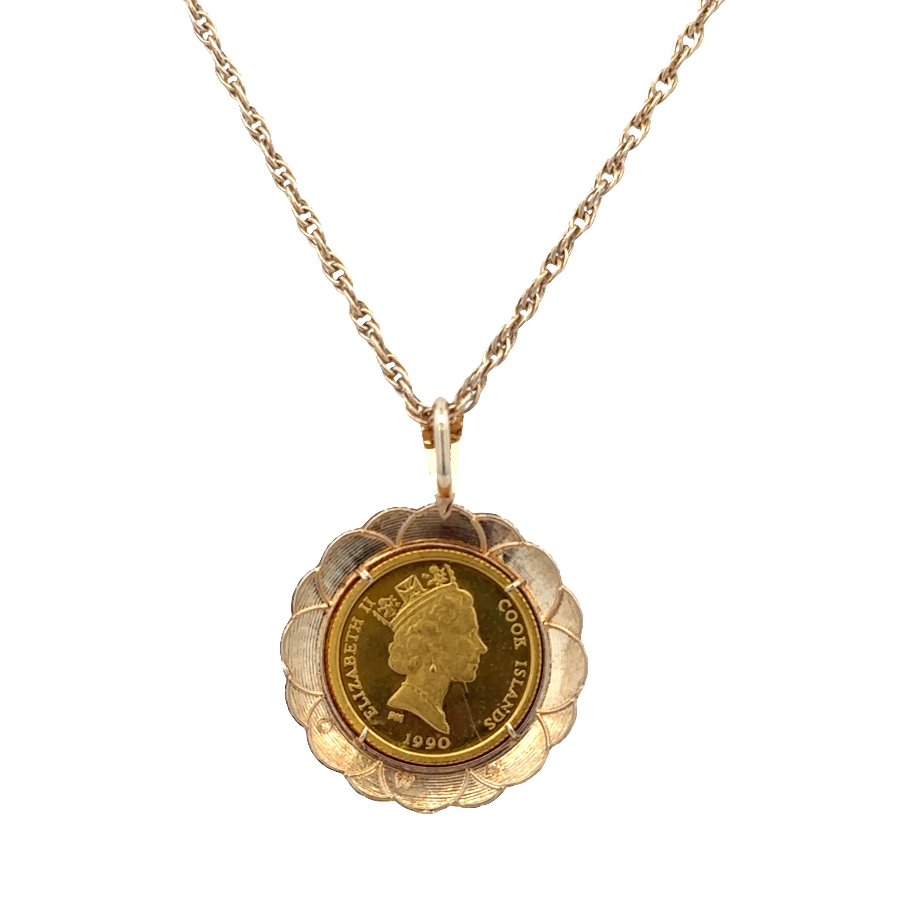 14k Yellow Gold Elizabeth II Cook Islands $25 Tiger Coin Pendant Necklace – 18.25"