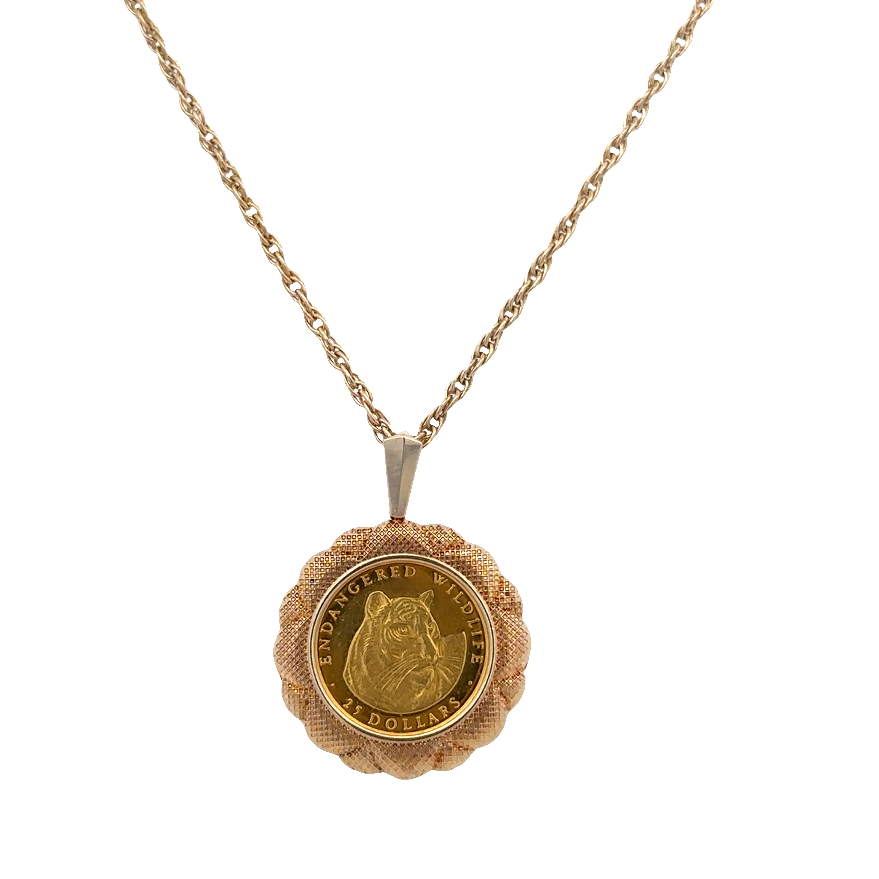 14k Yellow Gold Elizabeth II Cook Islands $25 Tiger Coin Pendant Necklace – 18.25" - Image 2