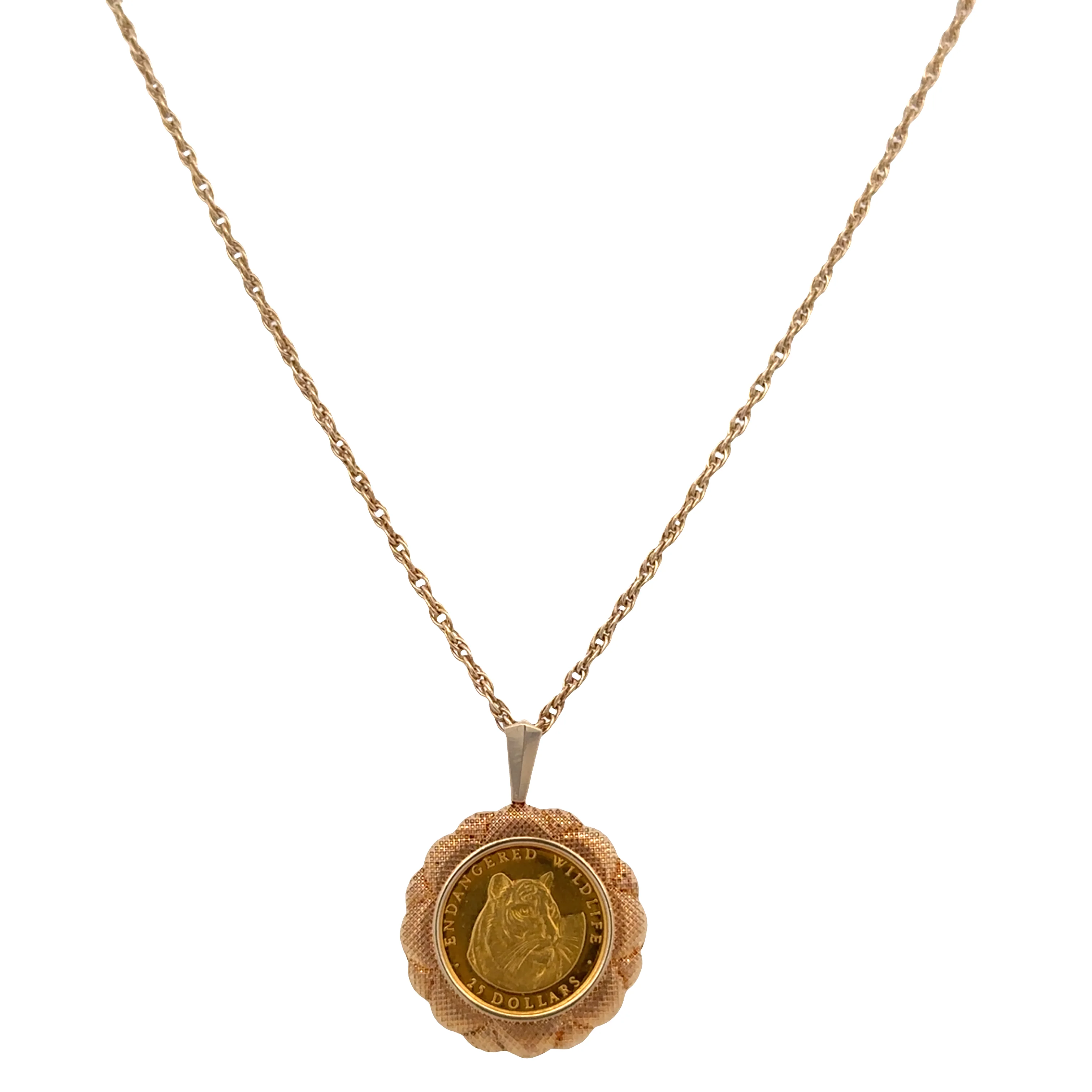 14k Yellow Gold Elizabeth II Cook Islands $25 Tiger Coin Pendant Necklace – 18.25" - Image 3