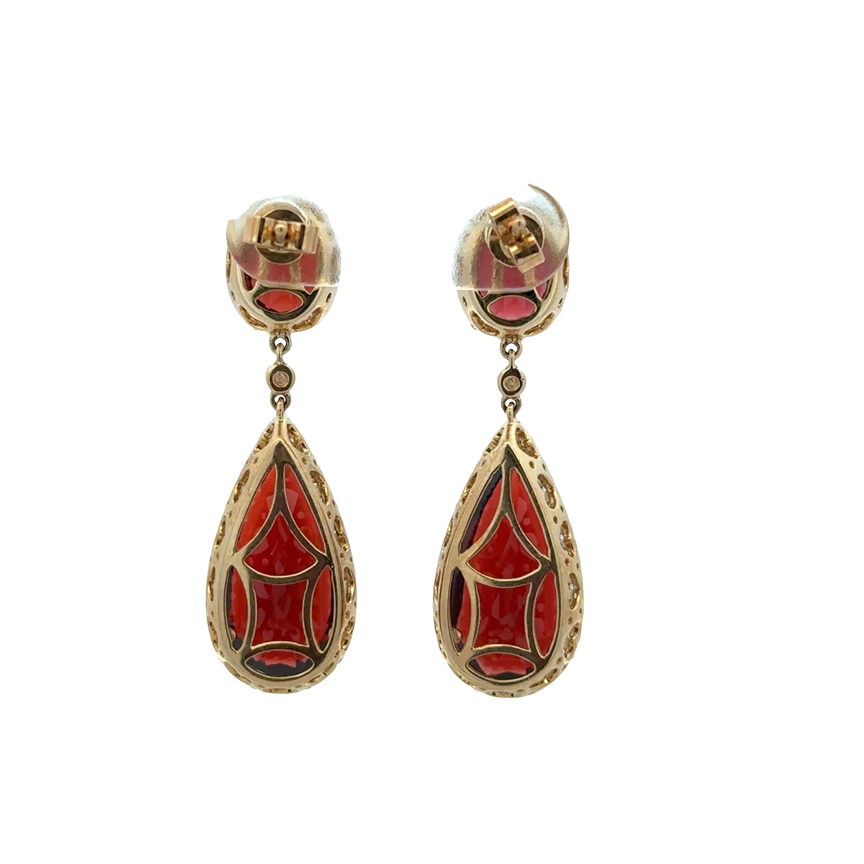 14k Yellow Gold Garnet & Diamond Dangle Earrings – 1 3/8" Tall - Image 2
