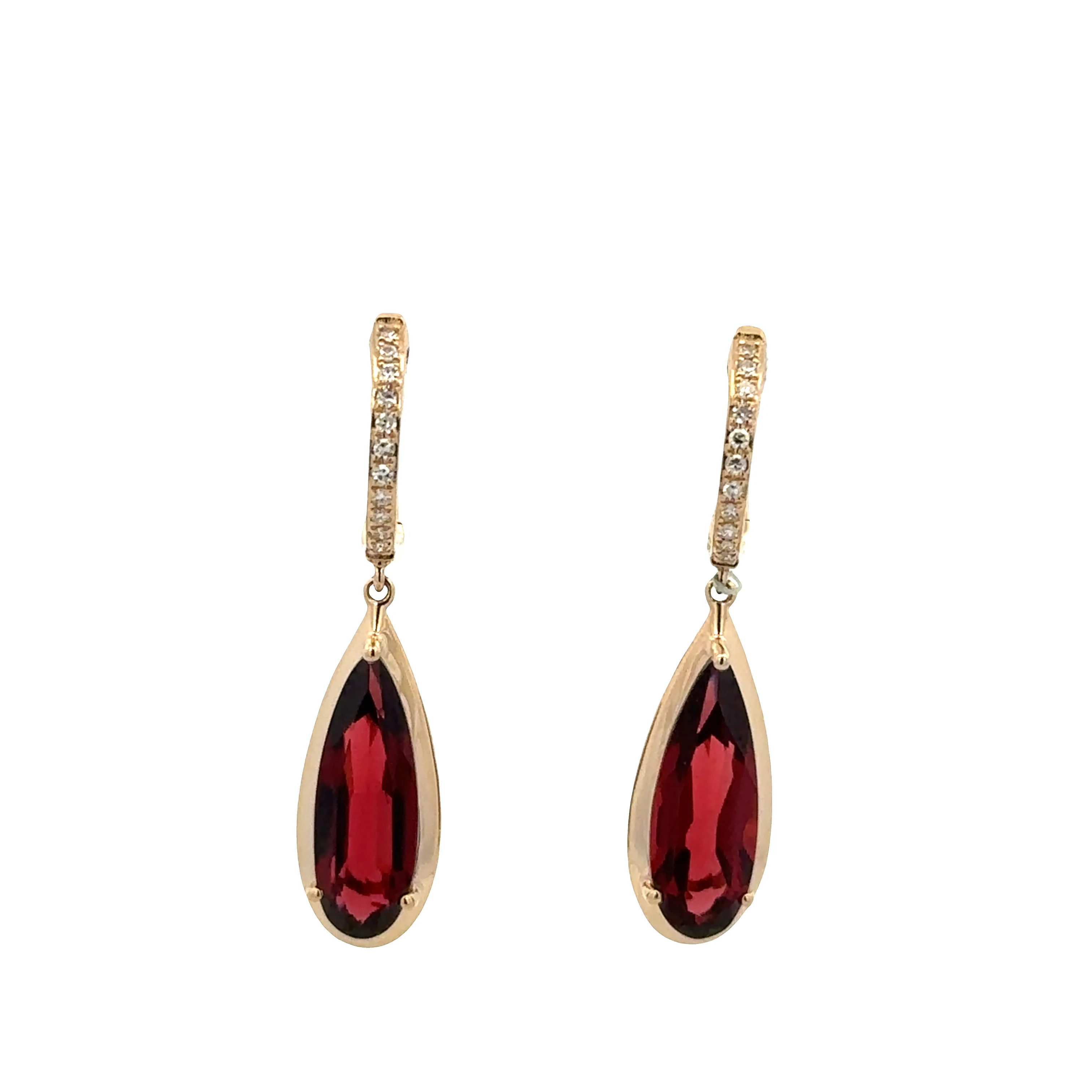 14k Yellow Gold Garnet & Diamond Drop Earrings – 1 1/8" Tall