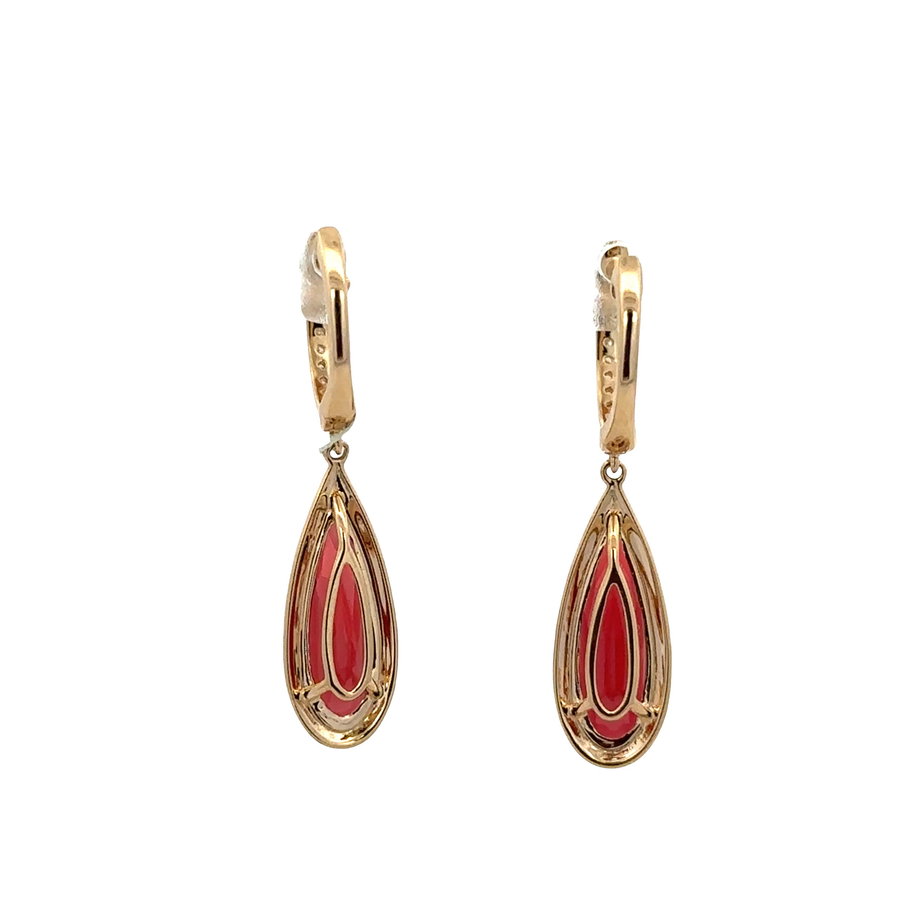 14k Yellow Gold Garnet & Diamond Drop Earrings – 1 1/8" Tall - Image 2