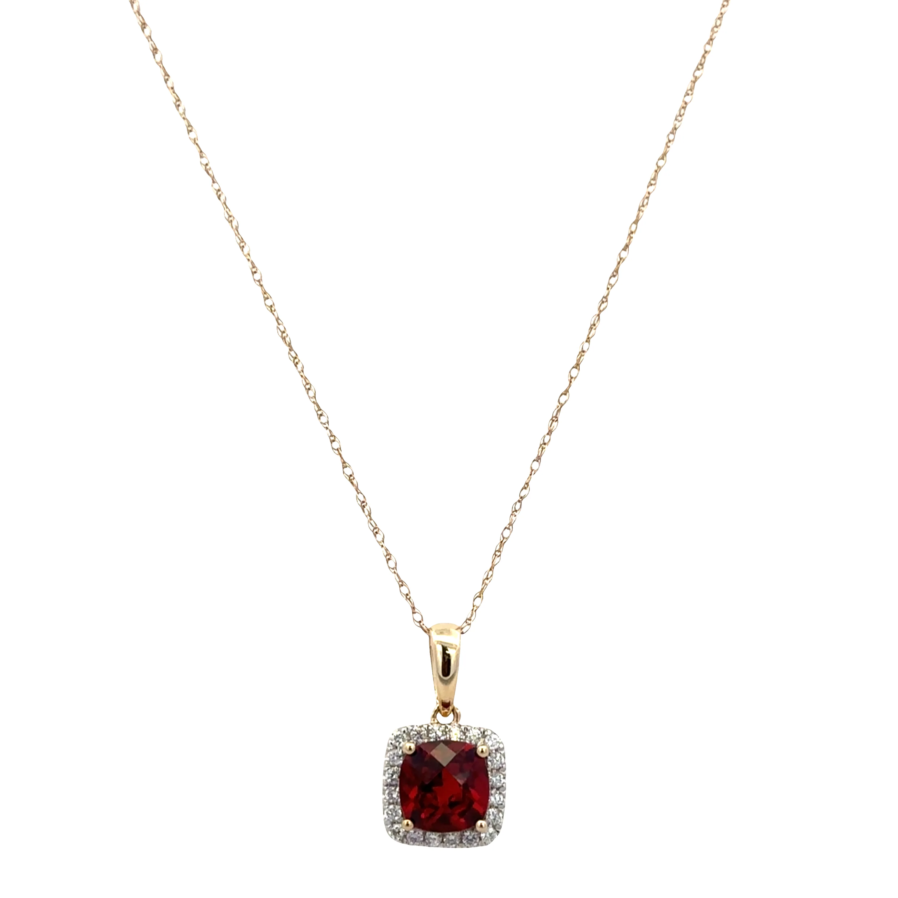 14k Yellow Gold Garnet & Diamond Halo Pendant Necklace – 18"