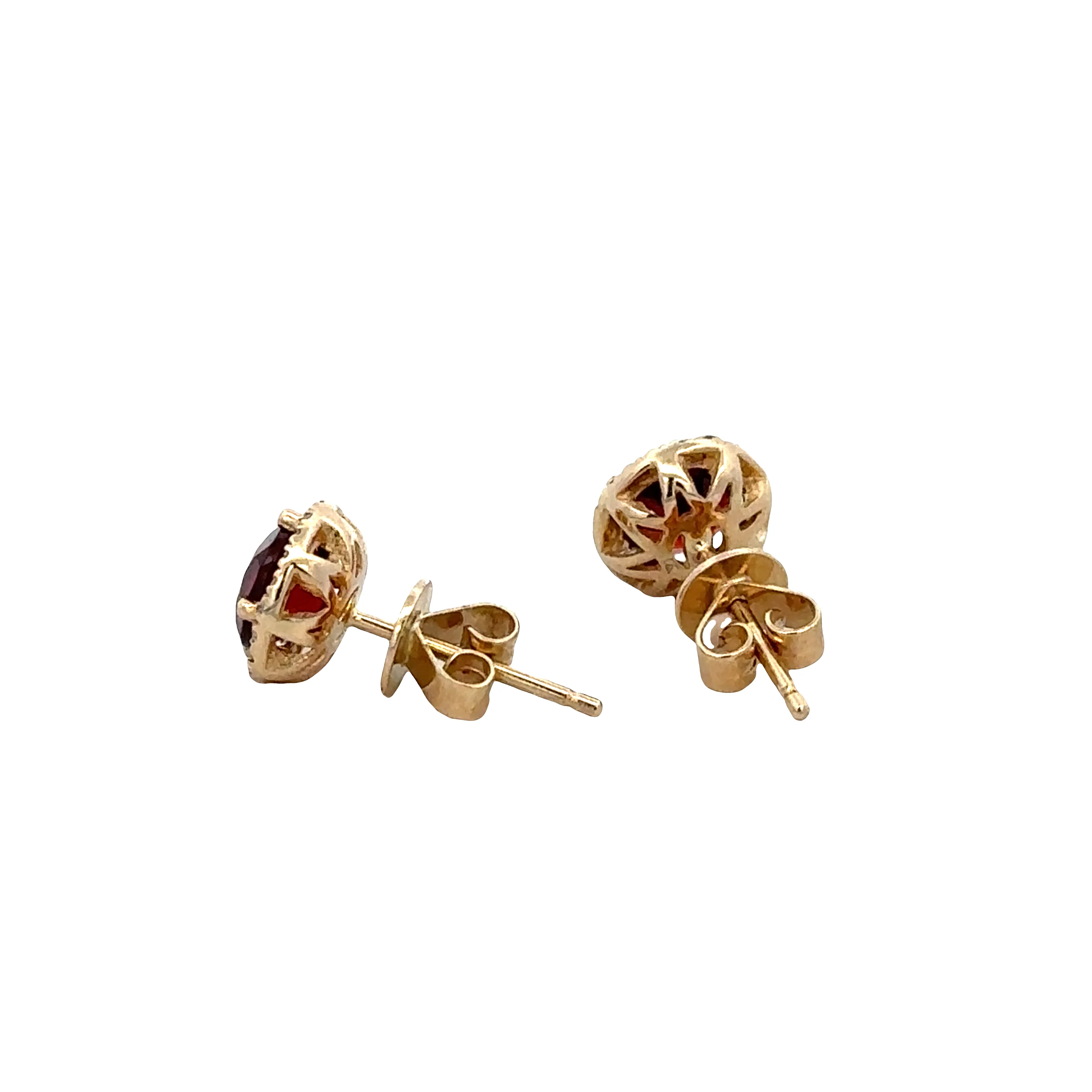 14k Yellow Gold Garnet & Diamond Halo Stud Earrings - Image 2