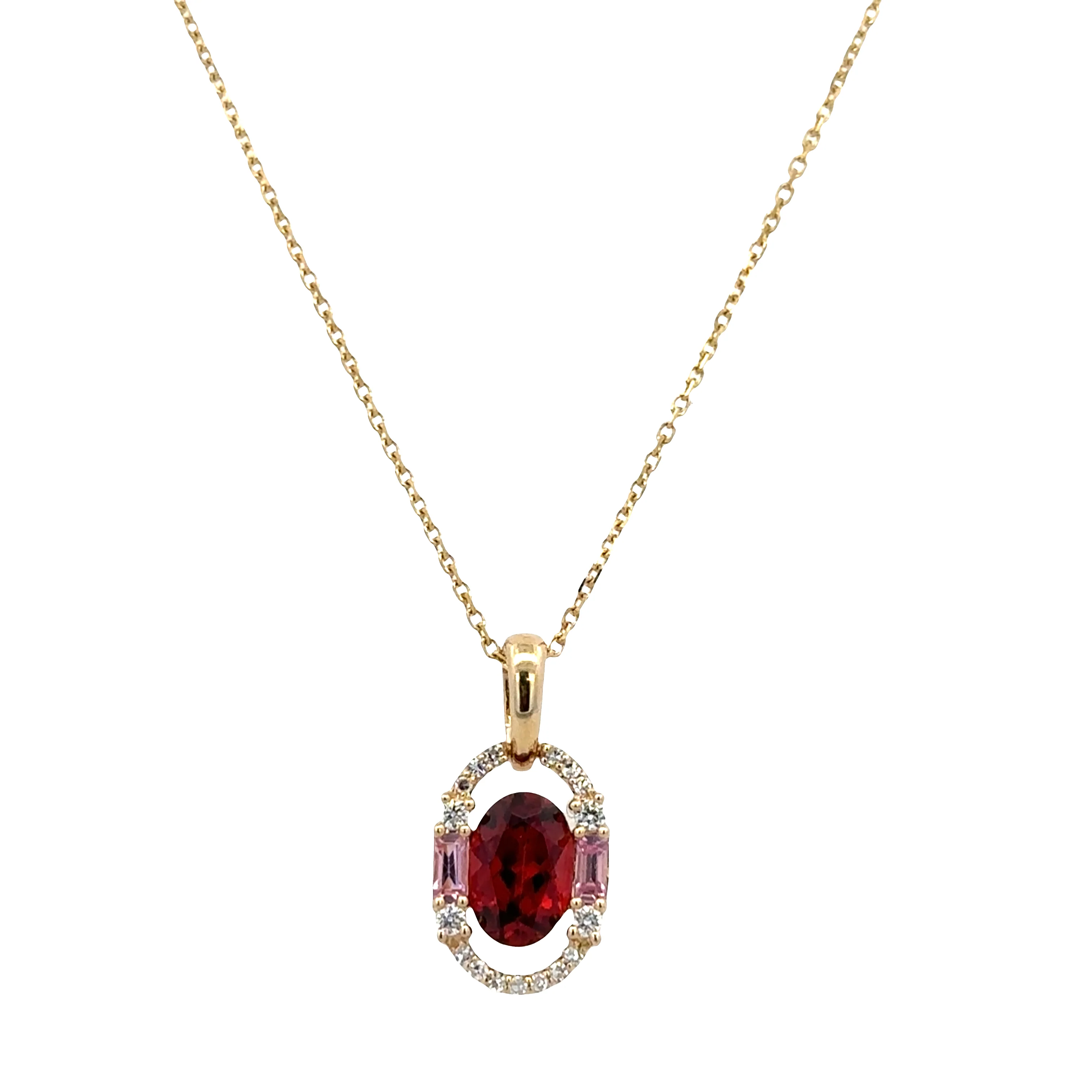 14k Yellow Gold Garnet, Pink Sapphire & Diamond Pendant Necklace – Adjustable 18"