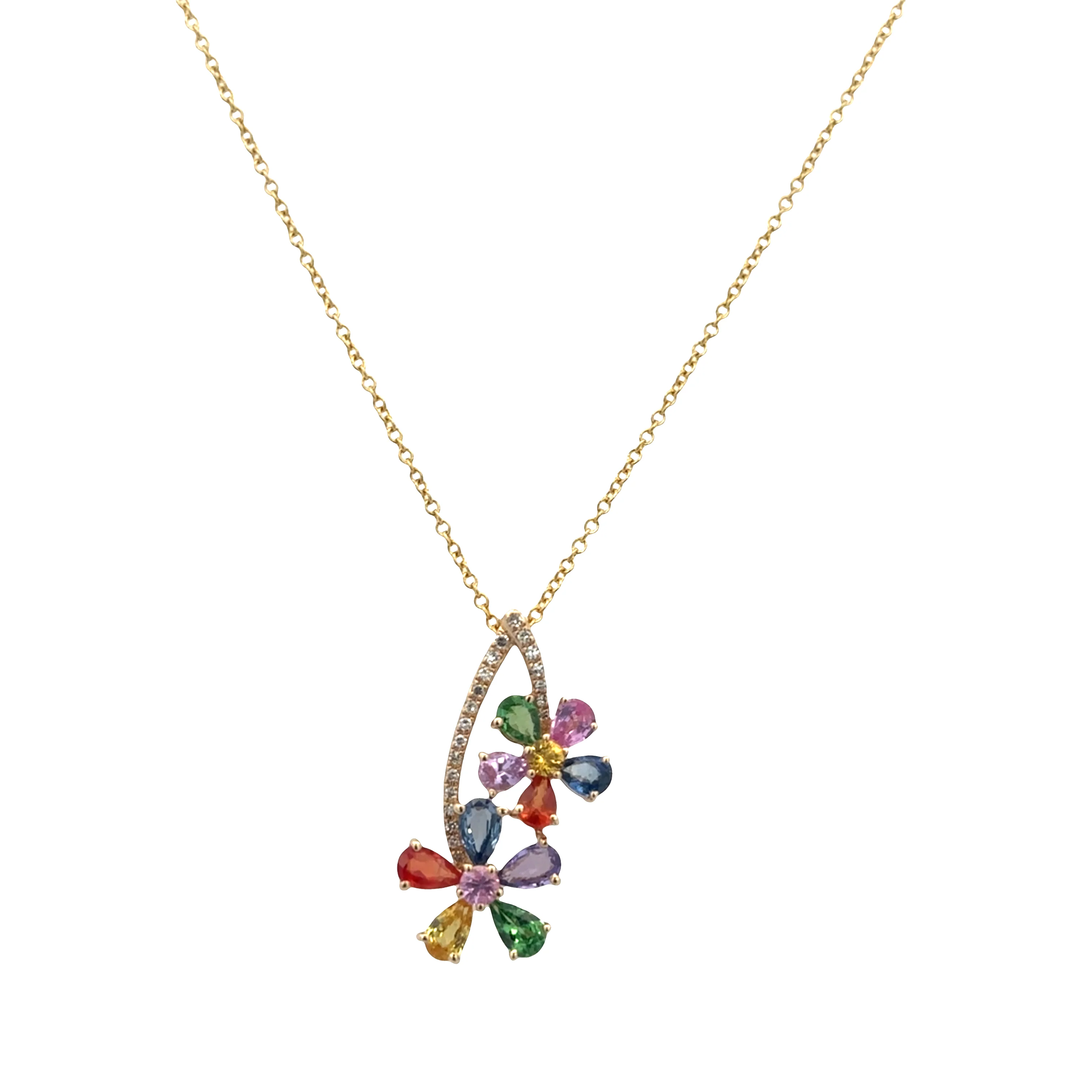 14k Yellow Gold Multi Color Sapphire & Diamond Floral Pendant – 2.63 CTW
