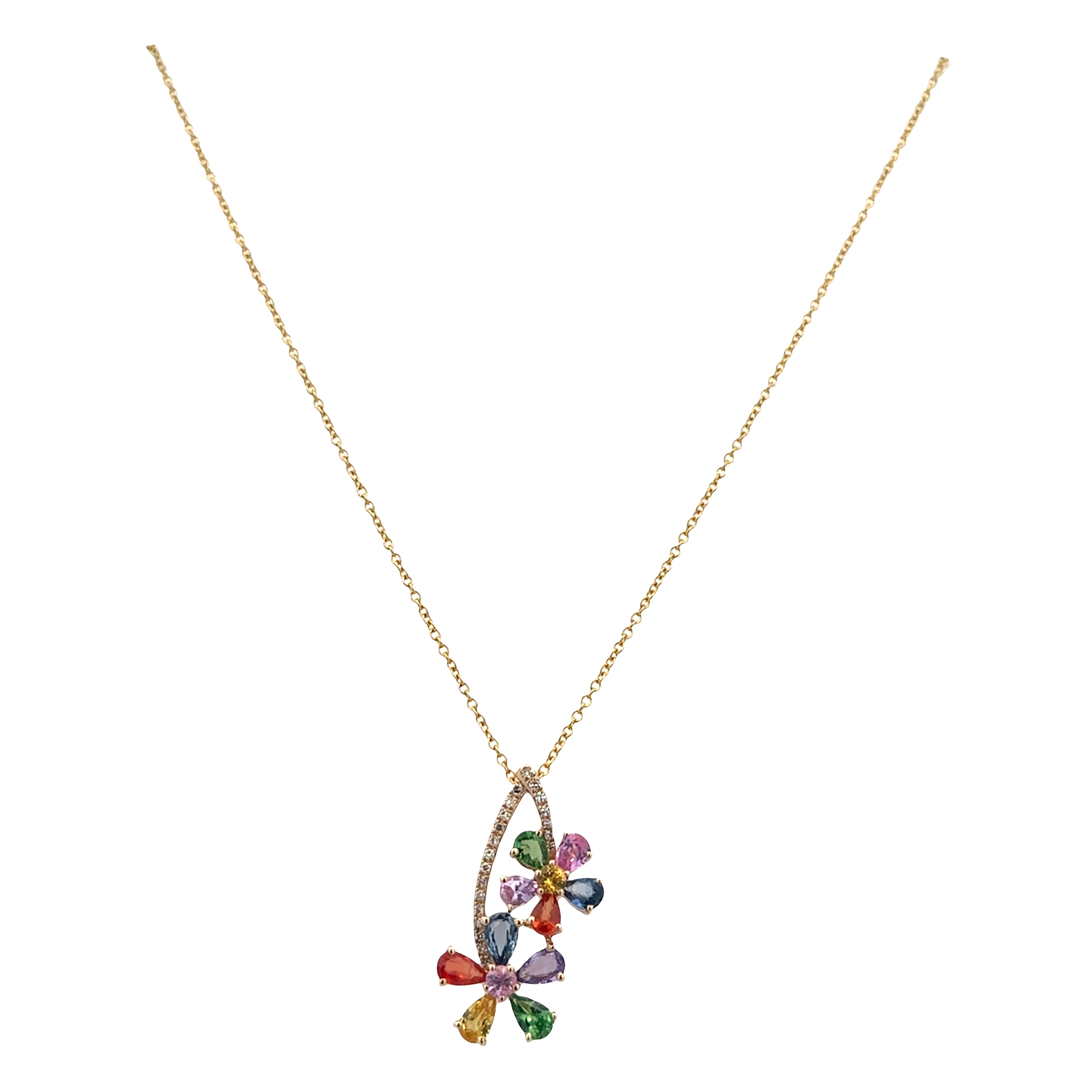 14k Yellow Gold Multi Color Sapphire & Diamond Floral Pendant – 2.63 CTW - Image 2