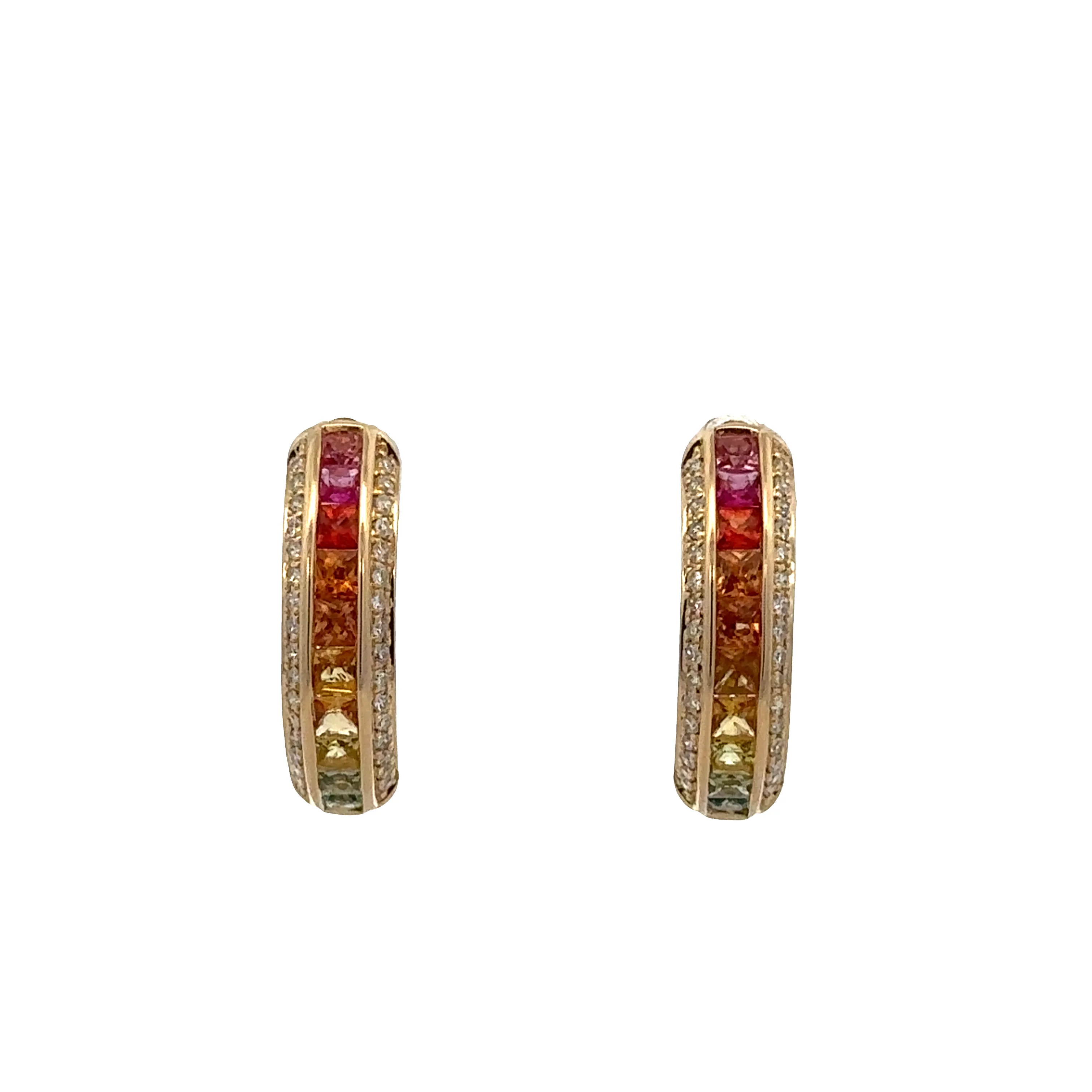 14k Yellow Gold Multicolor Sapphire & Diamond Hoop Earrings – 3/4" Tall