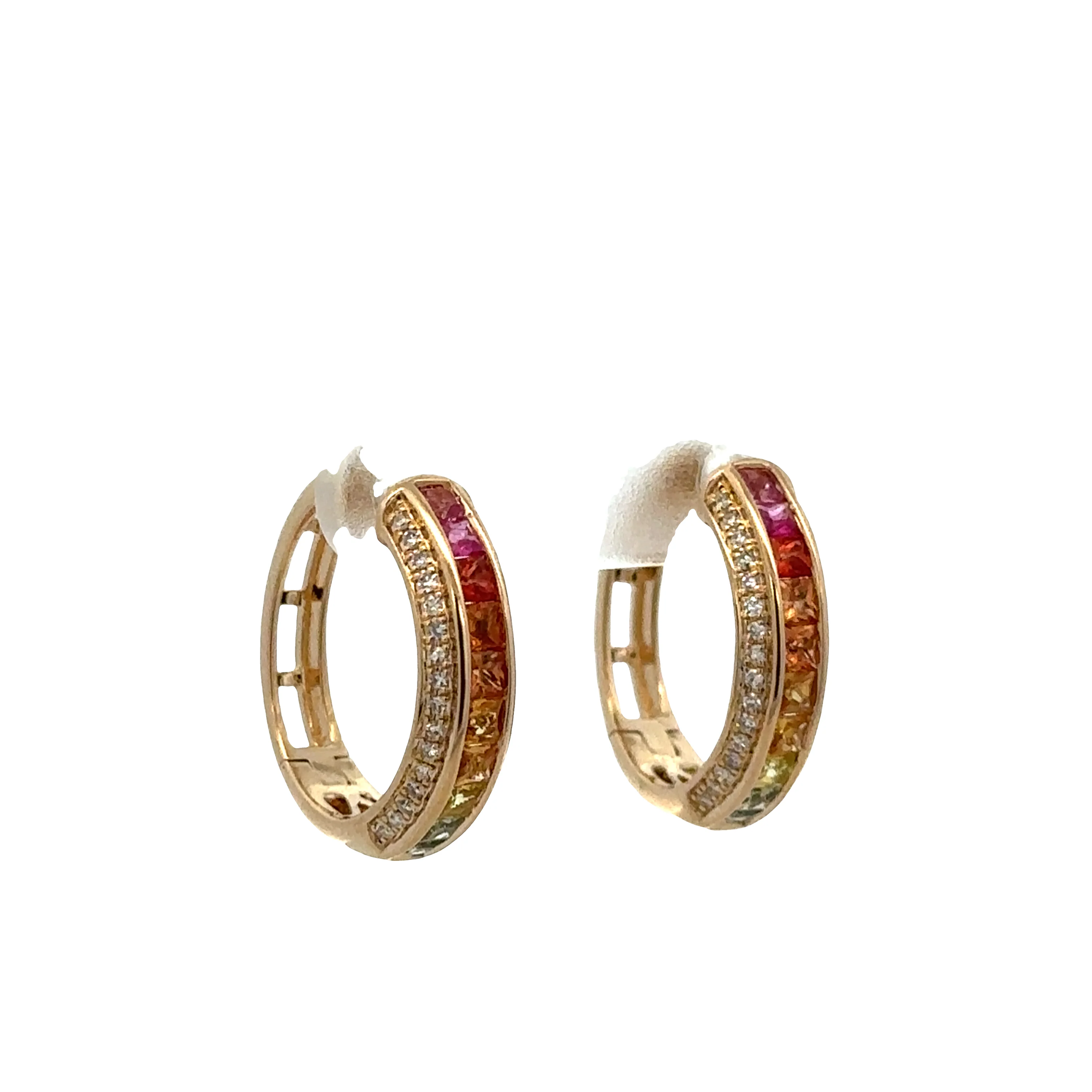 14k Yellow Gold Multicolor Sapphire & Diamond Hoop Earrings – 3/4" Tall - Image 3