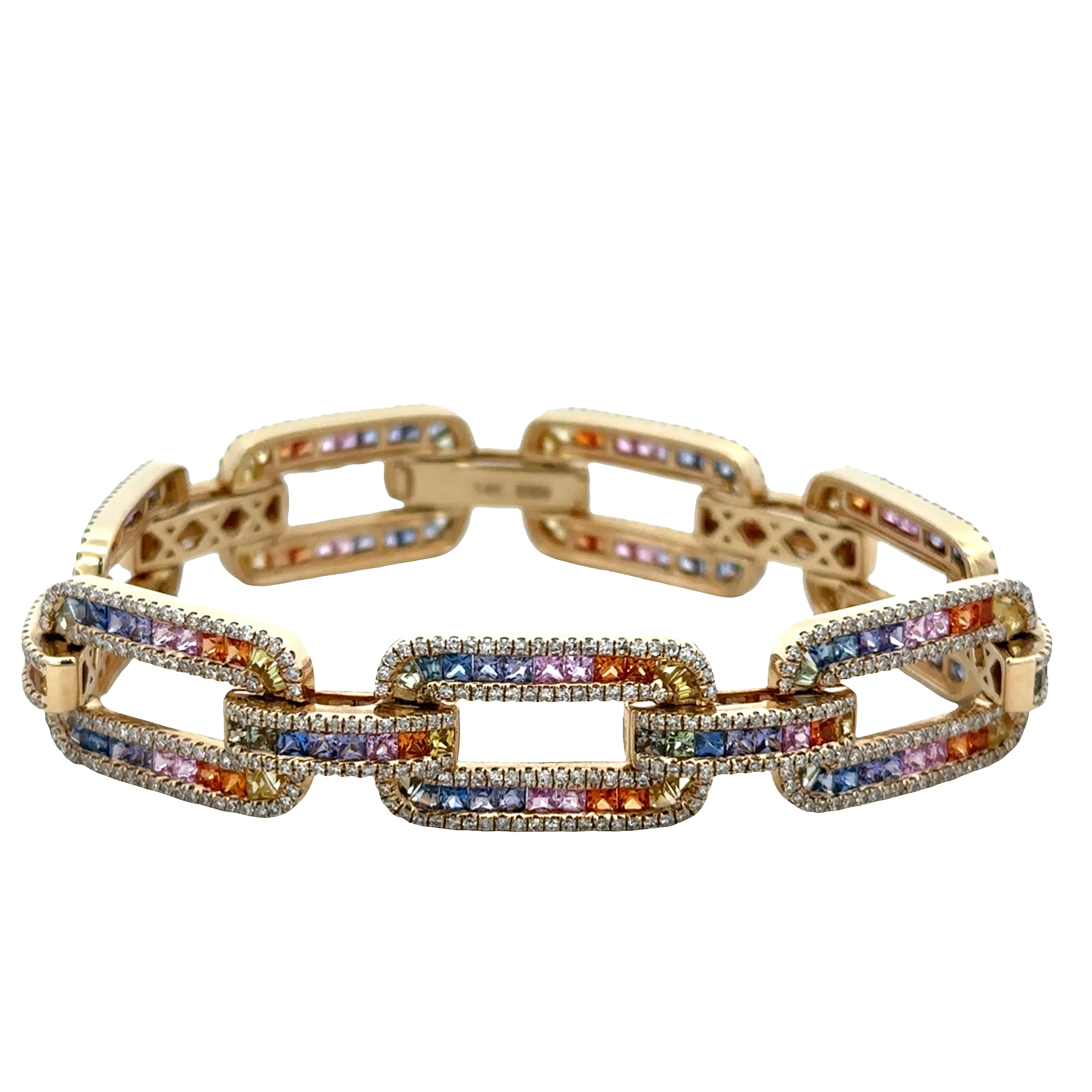 14k Yellow Gold Multicolor Sapphire & Diamond Open Link Bracelet – 7"
