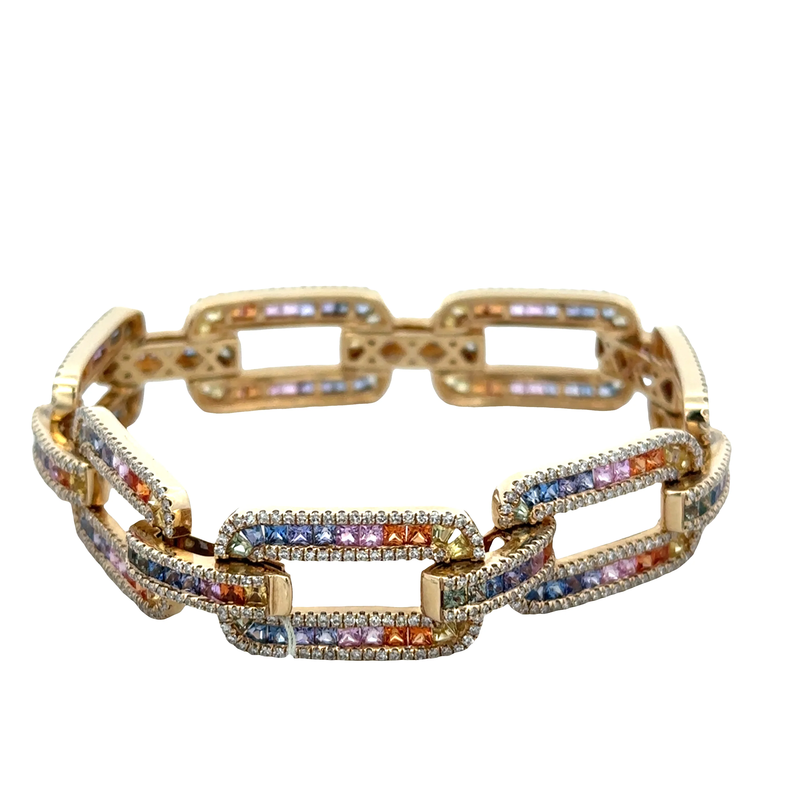 14k Yellow Gold Multicolor Sapphire & Diamond Open Link Bracelet – 7" - Image 2