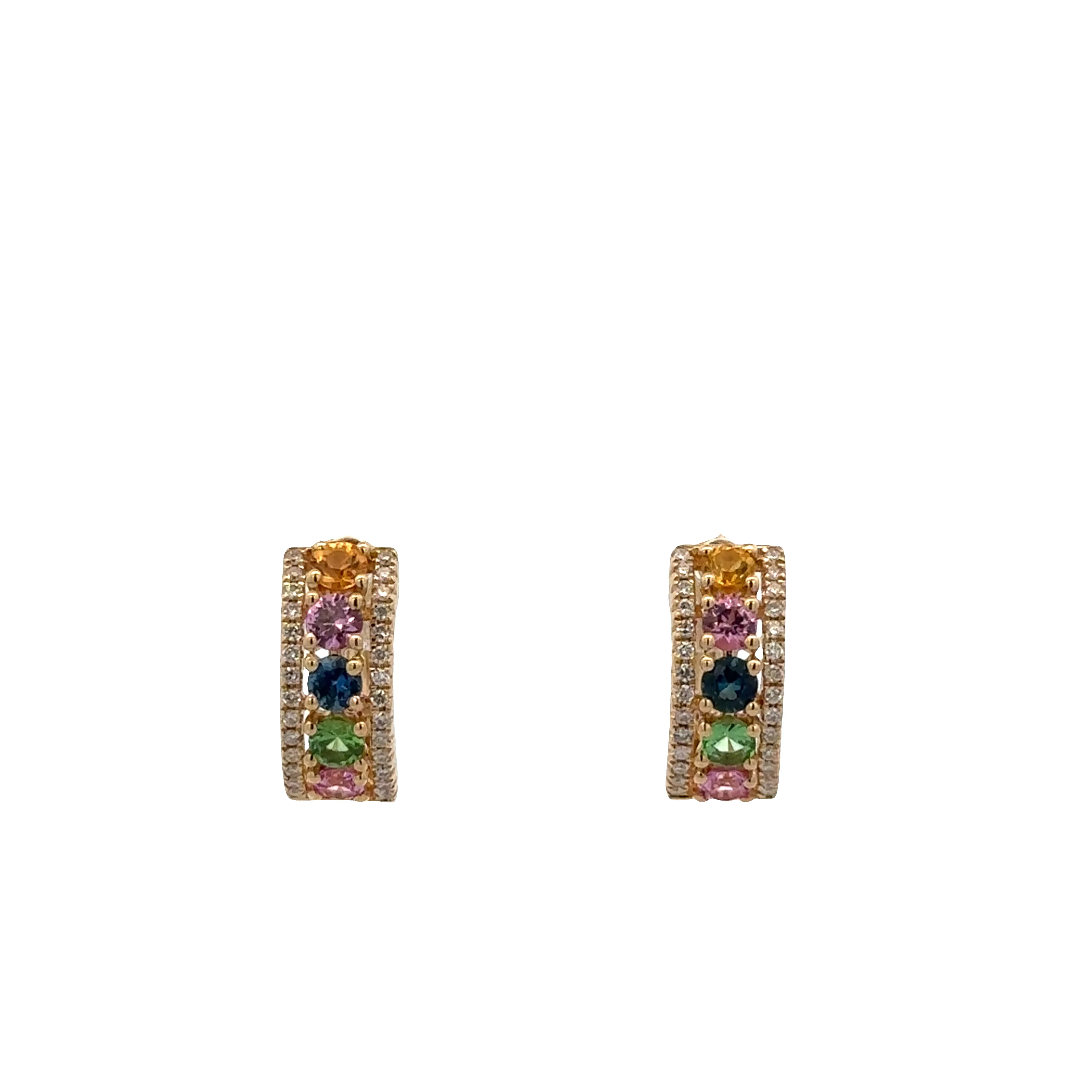 14k Yellow Gold Multicolor Sapphire & Diamond Petite Hoop Earrings
