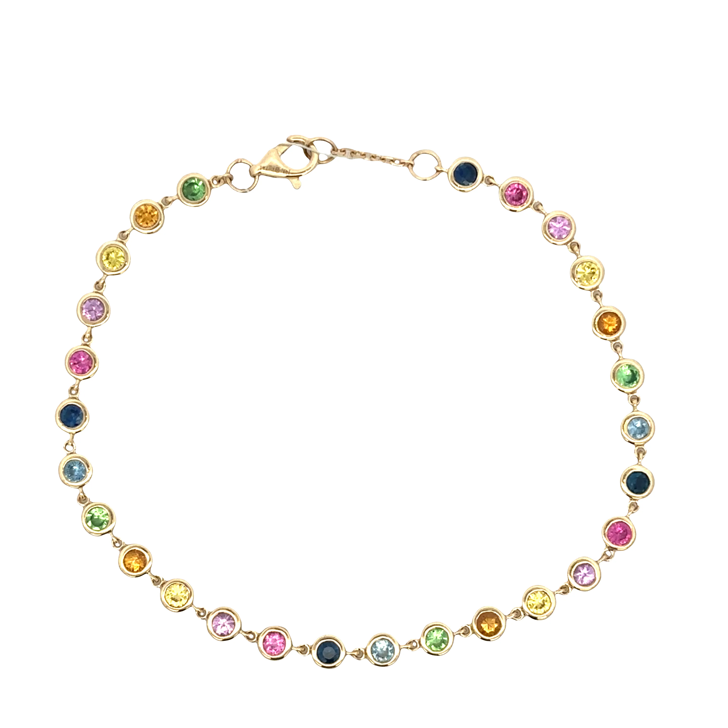 14k Yellow Gold Multicolored Sapphire Bezel Set Bracelet – 1.55 Carats, 7" Long