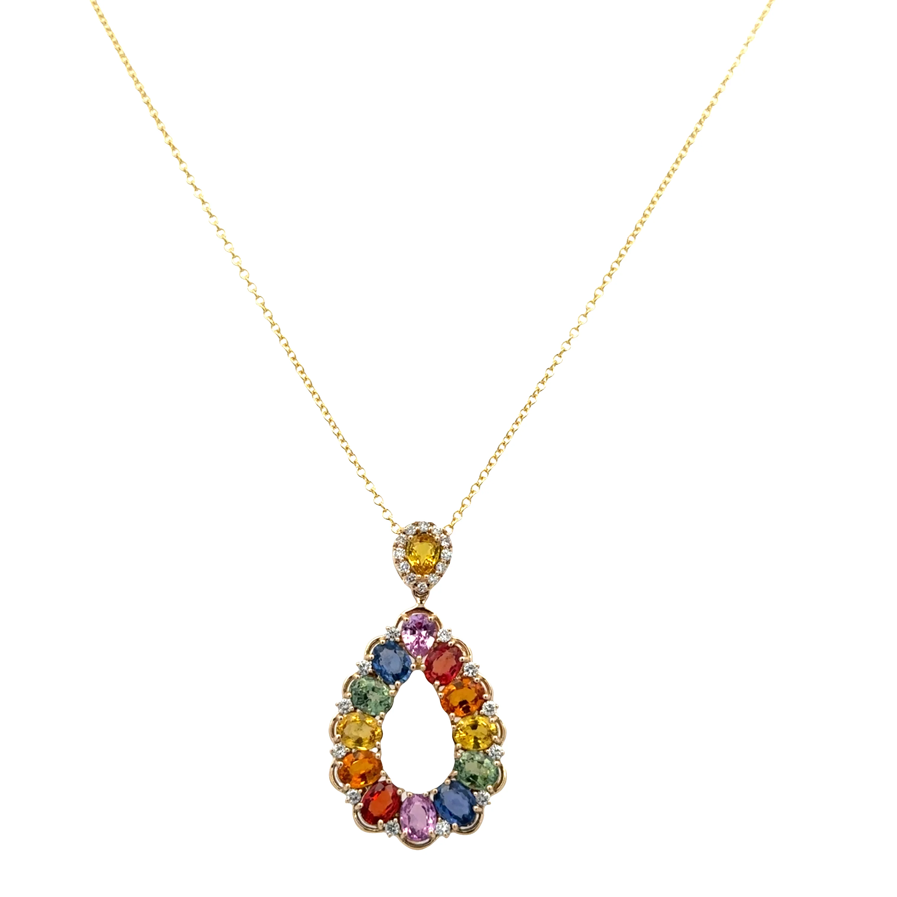 14k Yellow Gold Multicolored Sapphire & Diamond Teardrop Pendant – Adjustable Chain - Image 2