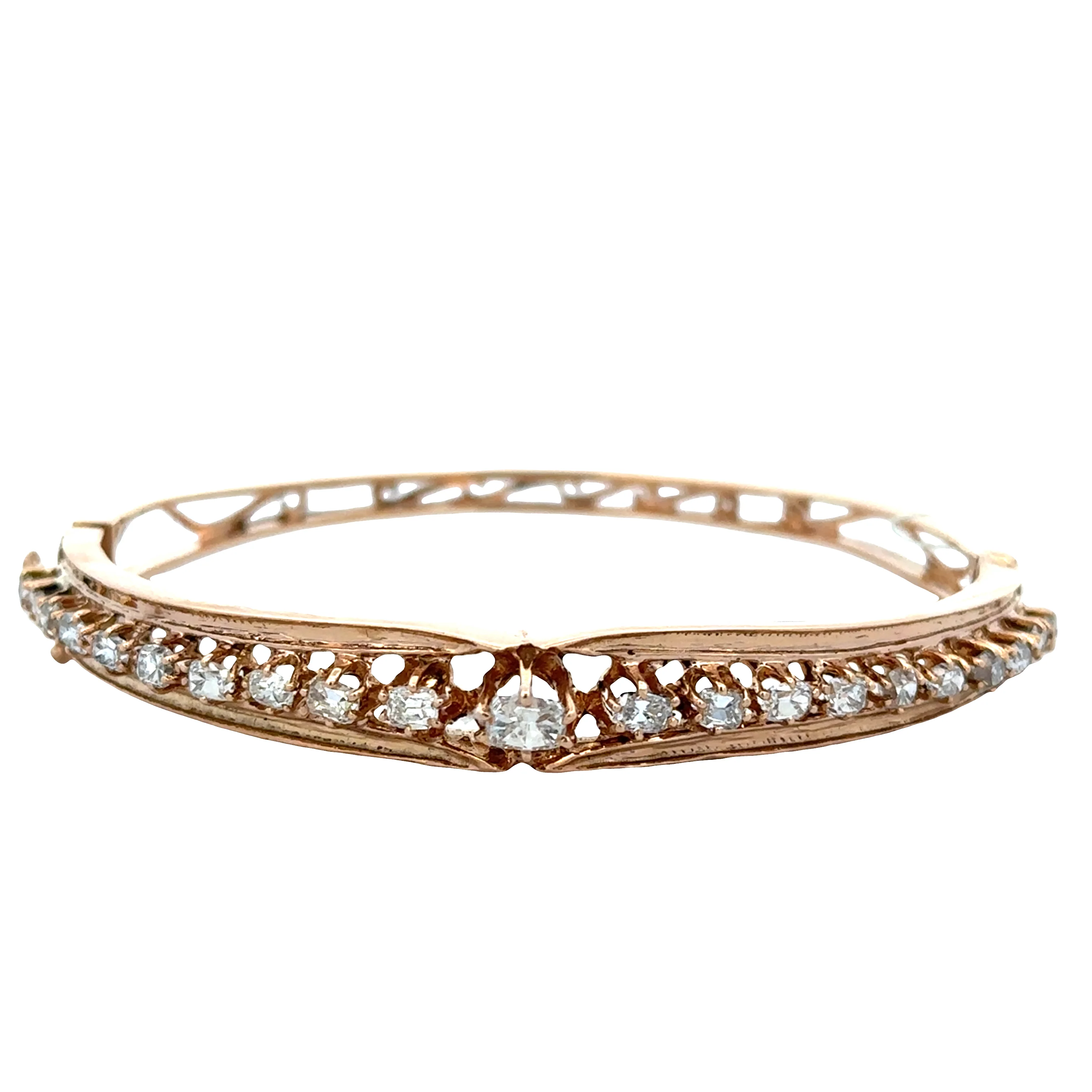 14k Yellow Gold Old Mine Cut Diamond Openwork Bangle Bracelet