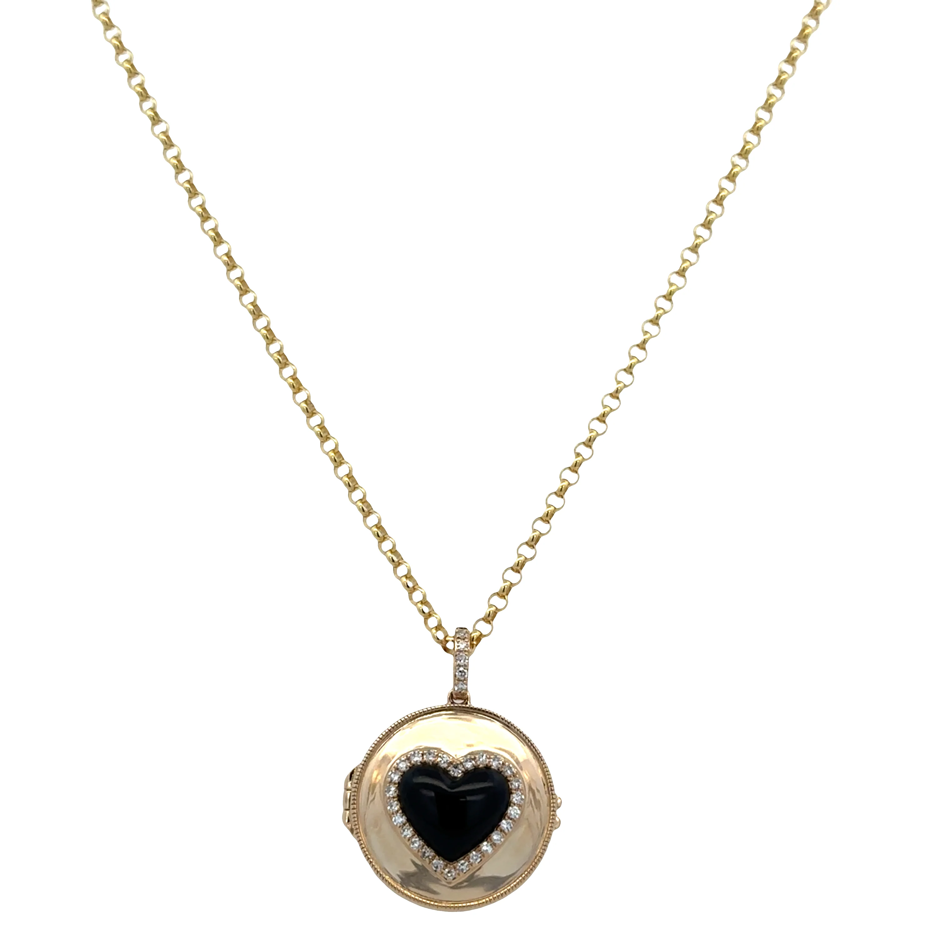 14k Yellow Gold Onyx & Diamond Heart Locket Necklace – 18"