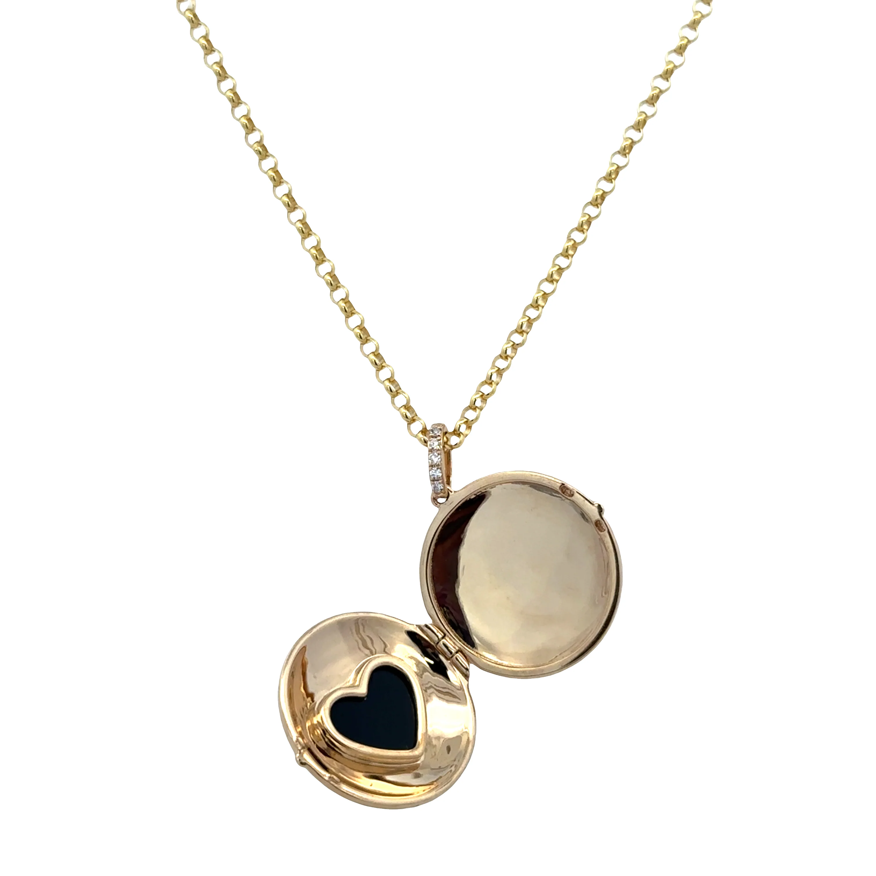 14k Yellow Gold Onyx & Diamond Heart Locket Necklace – 18" - Image 3