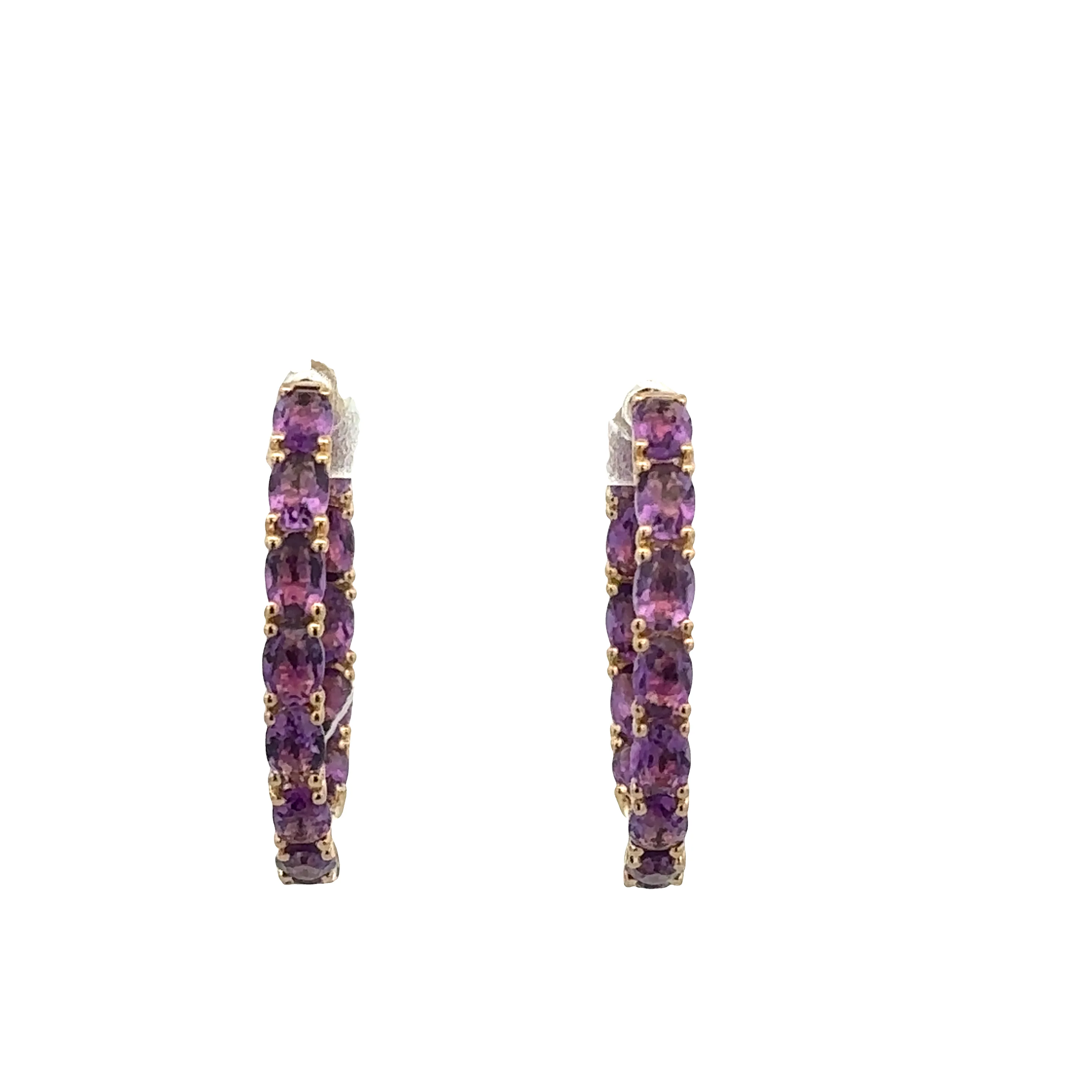 14k Yellow Gold Oval Amethyst Hoop Earrings – 1"