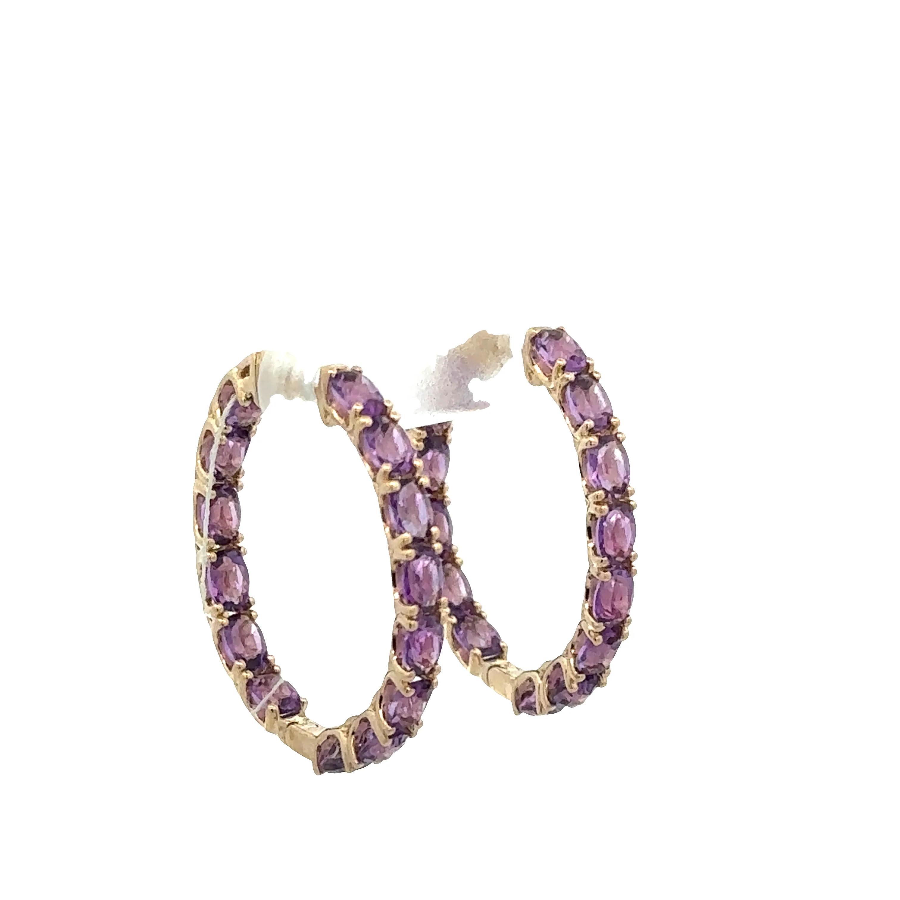 14k Yellow Gold Oval Amethyst Hoop Earrings – 1" - Image 2