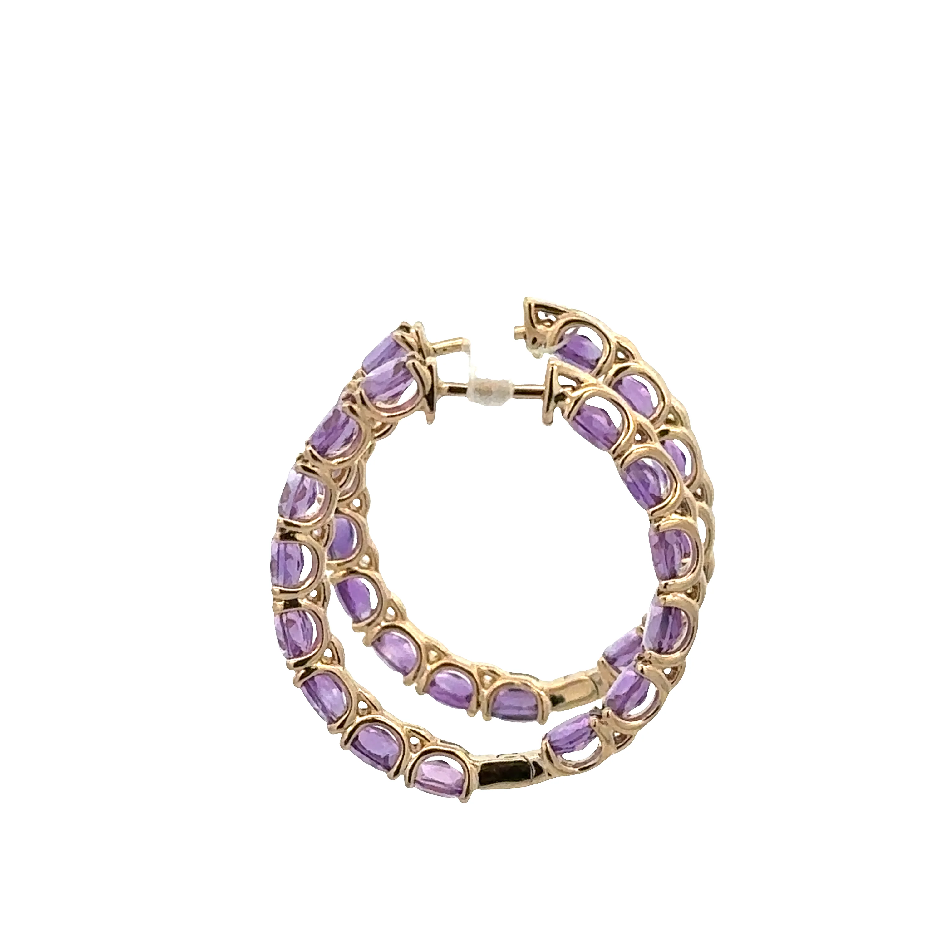 14k Yellow Gold Oval Amethyst Hoop Earrings – 1" - Image 3