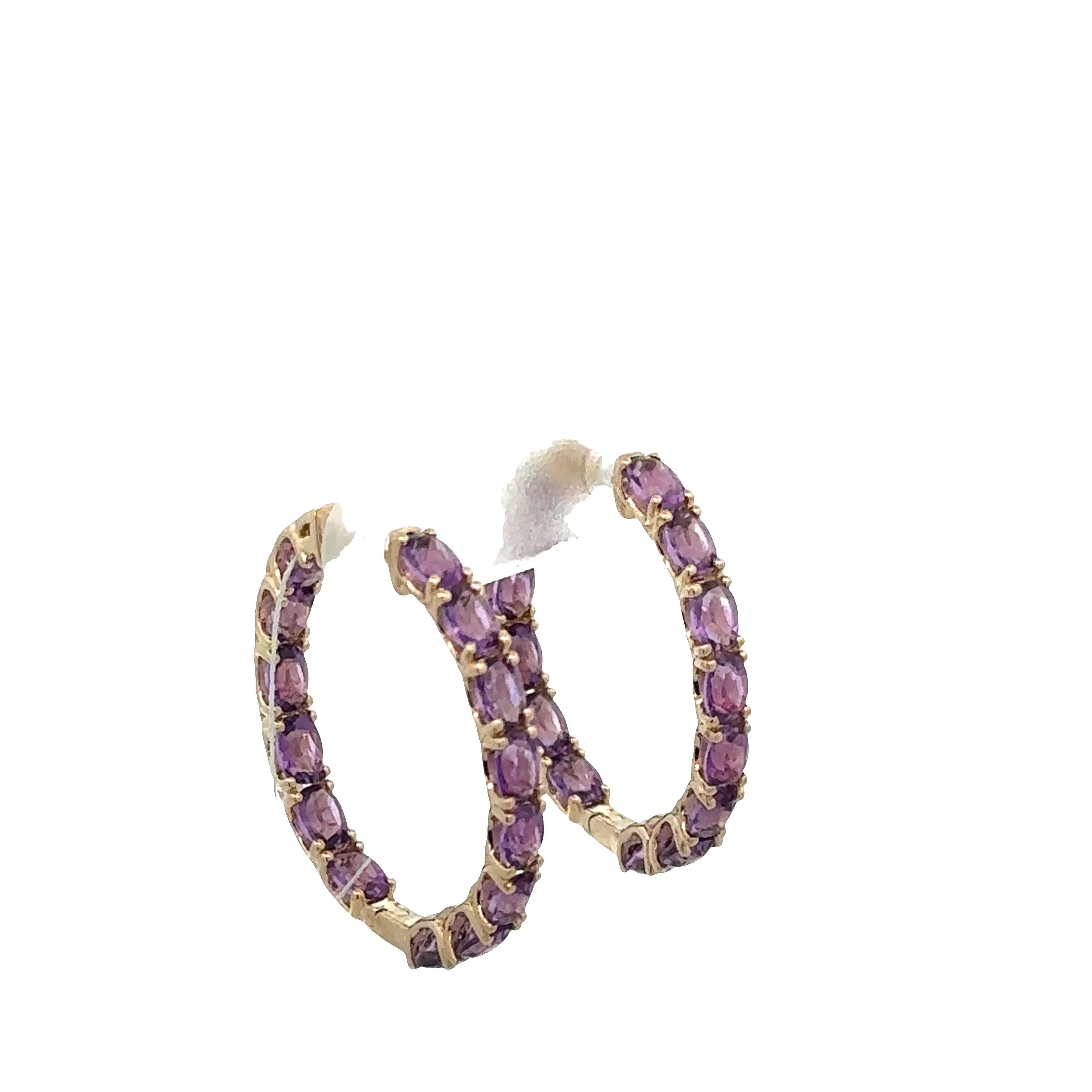 14k Yellow Gold Oval Amethyst Hoop Earrings – 1" - Image 4