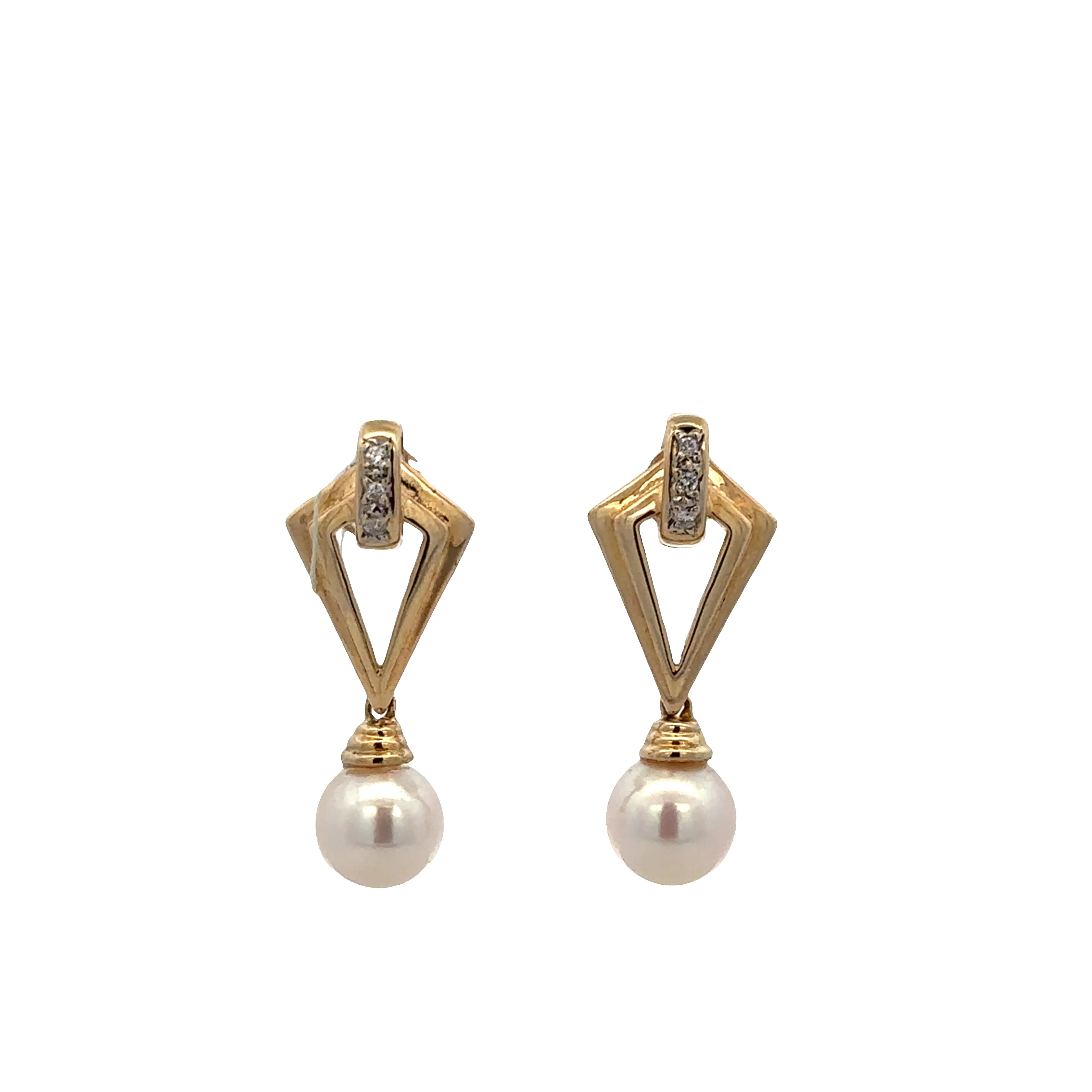 14k Yellow Gold Pearl & Diamond Geometric Dangle Earrings – 1" Tall