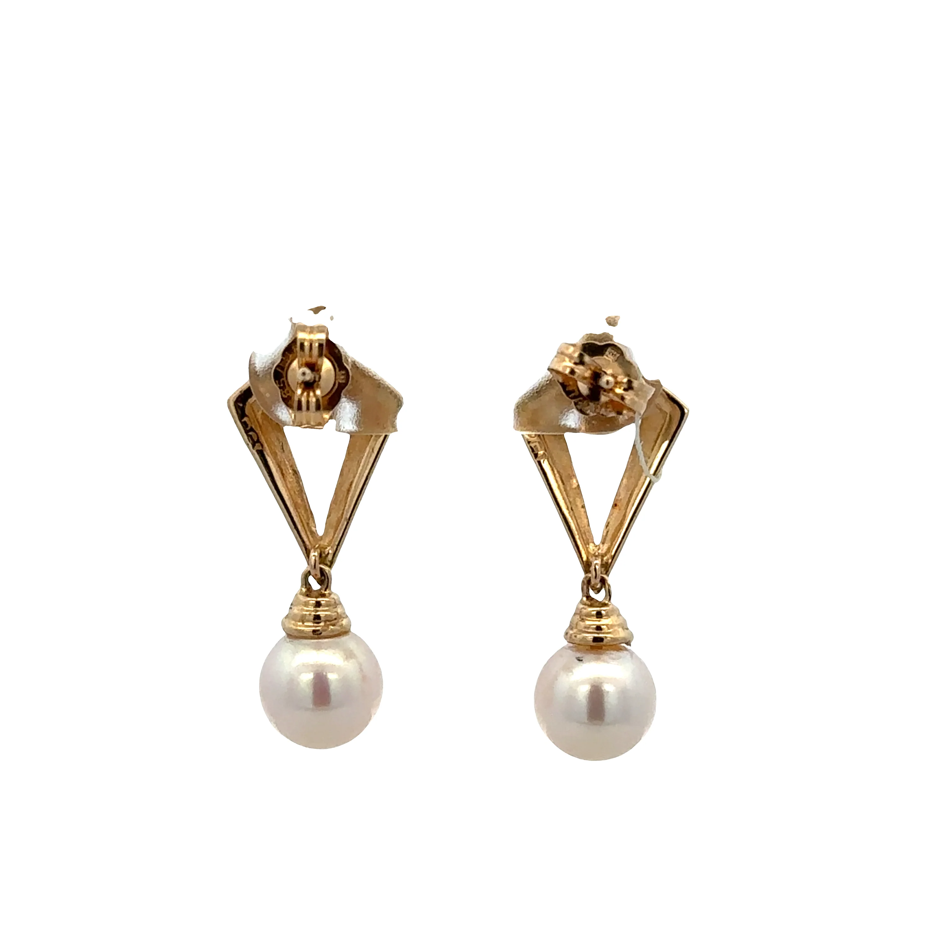 14k Yellow Gold Pearl & Diamond Geometric Dangle Earrings – 1" Tall - Image 2