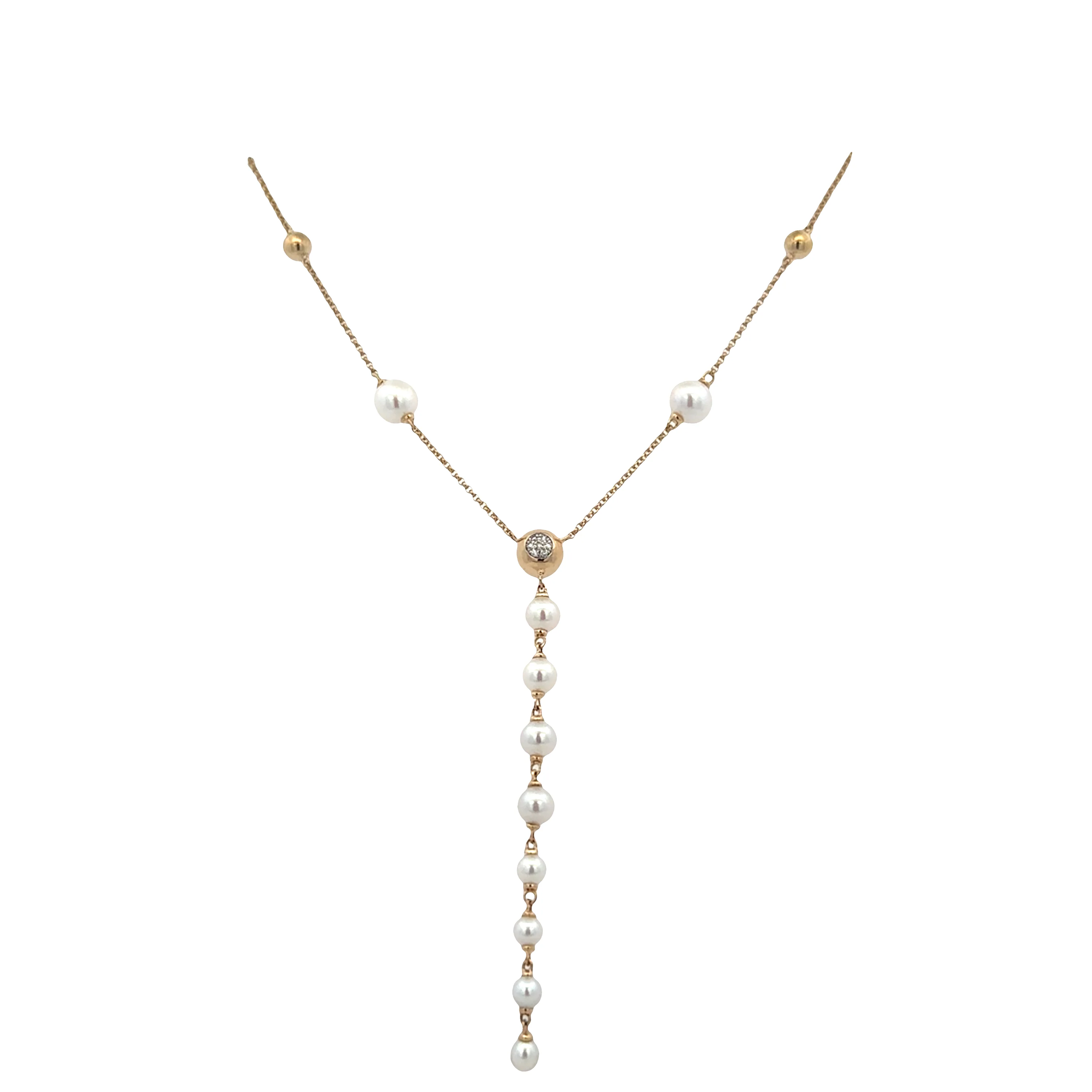 14k Yellow Gold Pearl & Diamond Y-Style Necklace – Adjustable 16"–18"