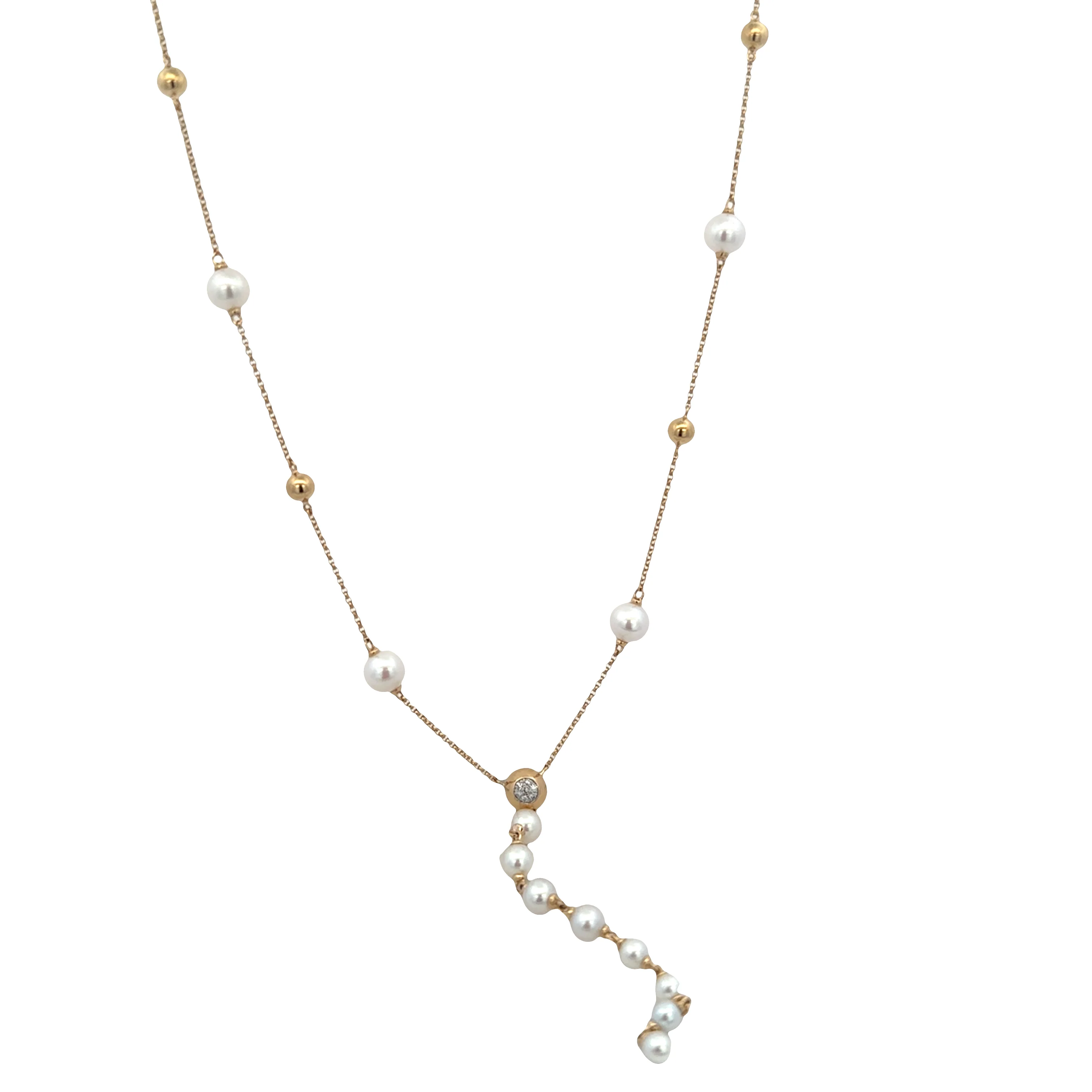 14k Yellow Gold Pearl & Diamond Y-Style Necklace – Adjustable 16"–18" - Image 2