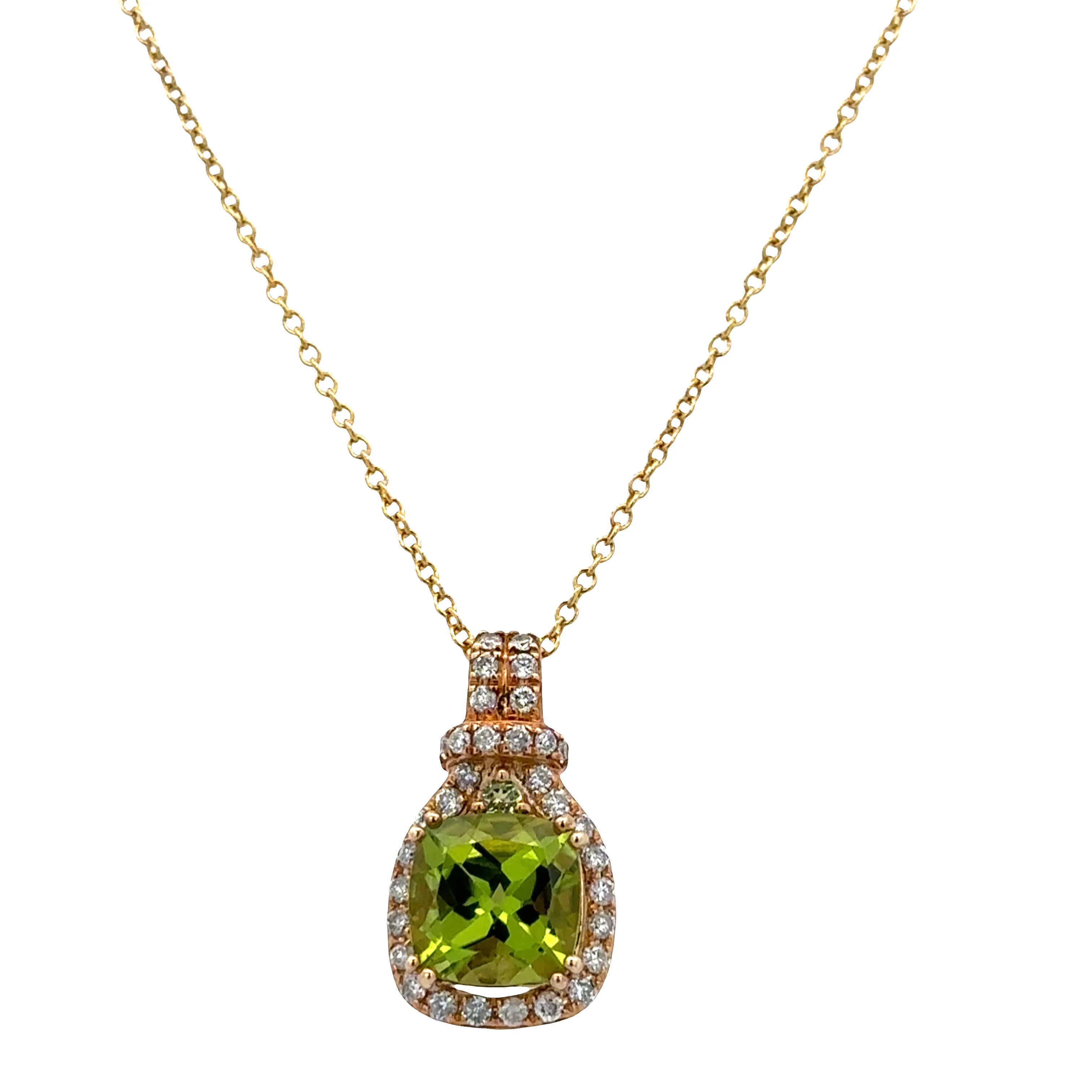 14k Yellow Gold Peridot and Diamond Halo Pendant Necklace