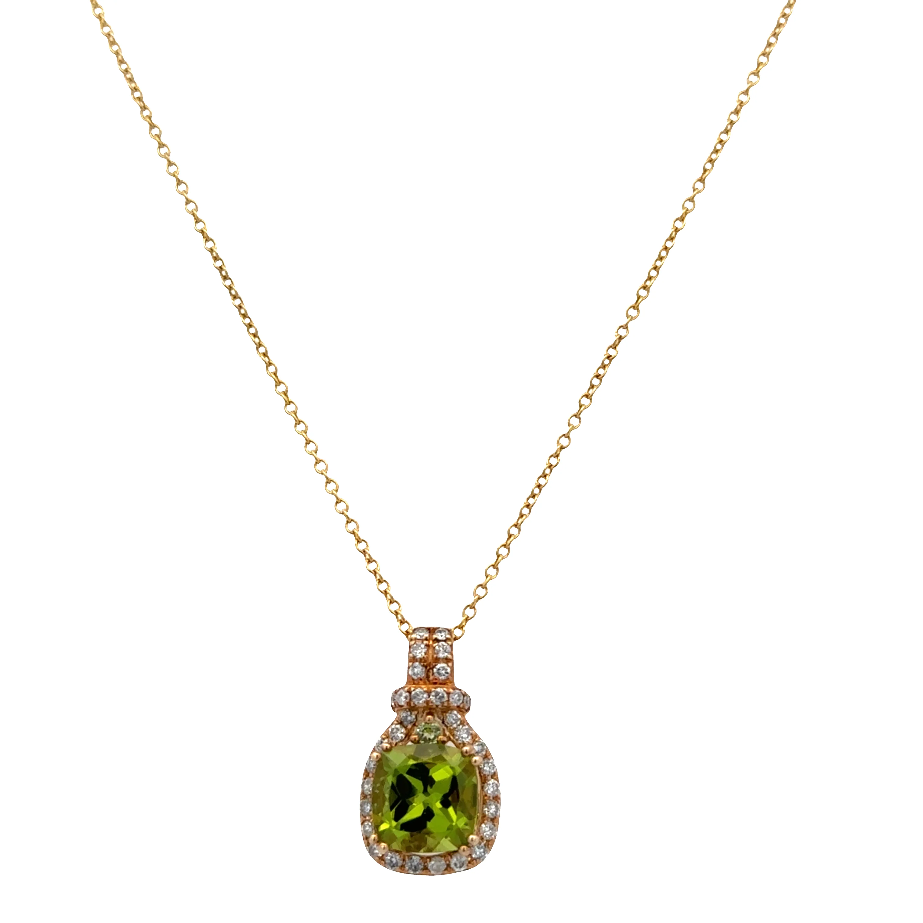 14k Yellow Gold Peridot and Diamond Halo Pendant Necklace - Image 2