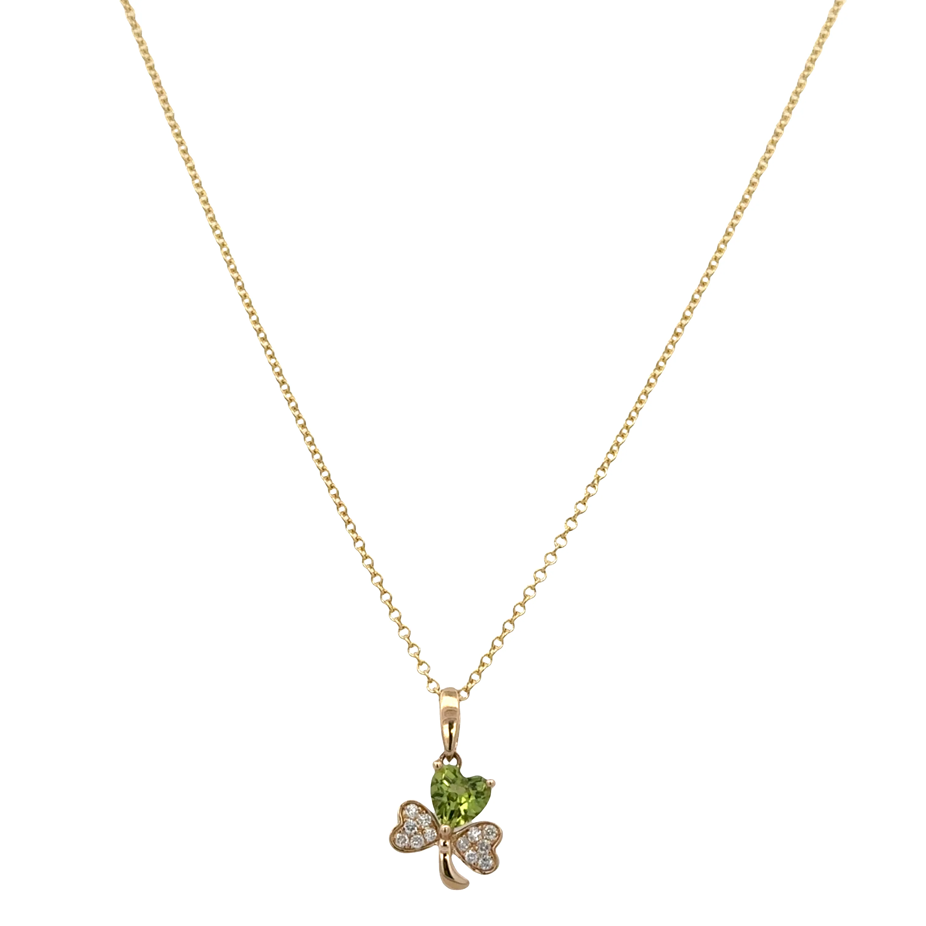 14k Yellow Gold Peridot & Diamond Clover Pendant Necklace – Adjustable 18" - Image 2