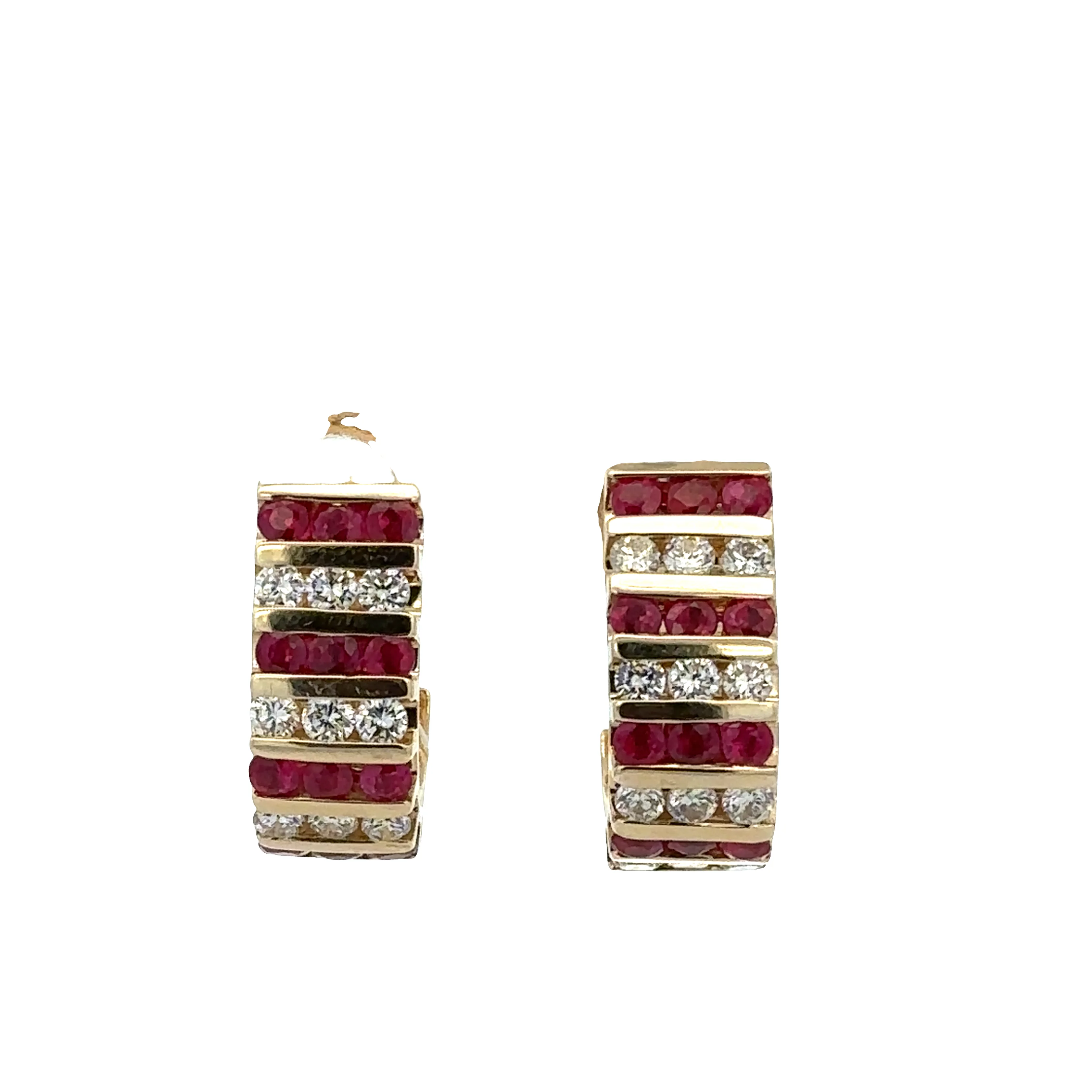 14k Yellow Gold Ruby & Diamond Huggie Earrings