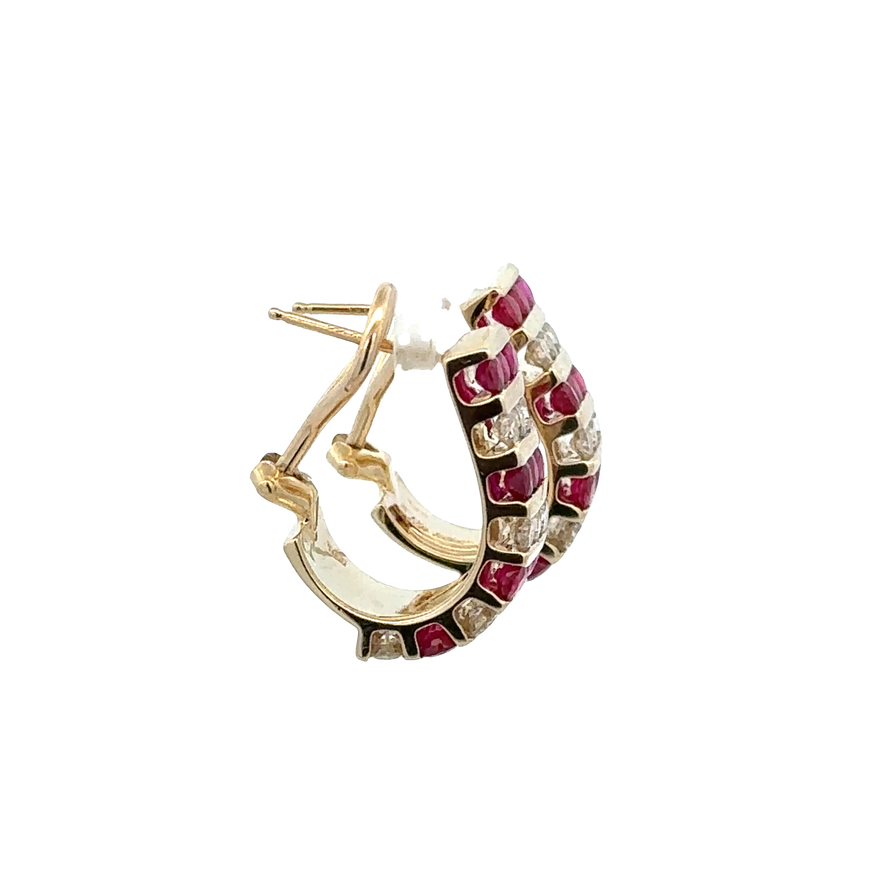 14k Yellow Gold Ruby & Diamond Huggie Earrings - Image 2