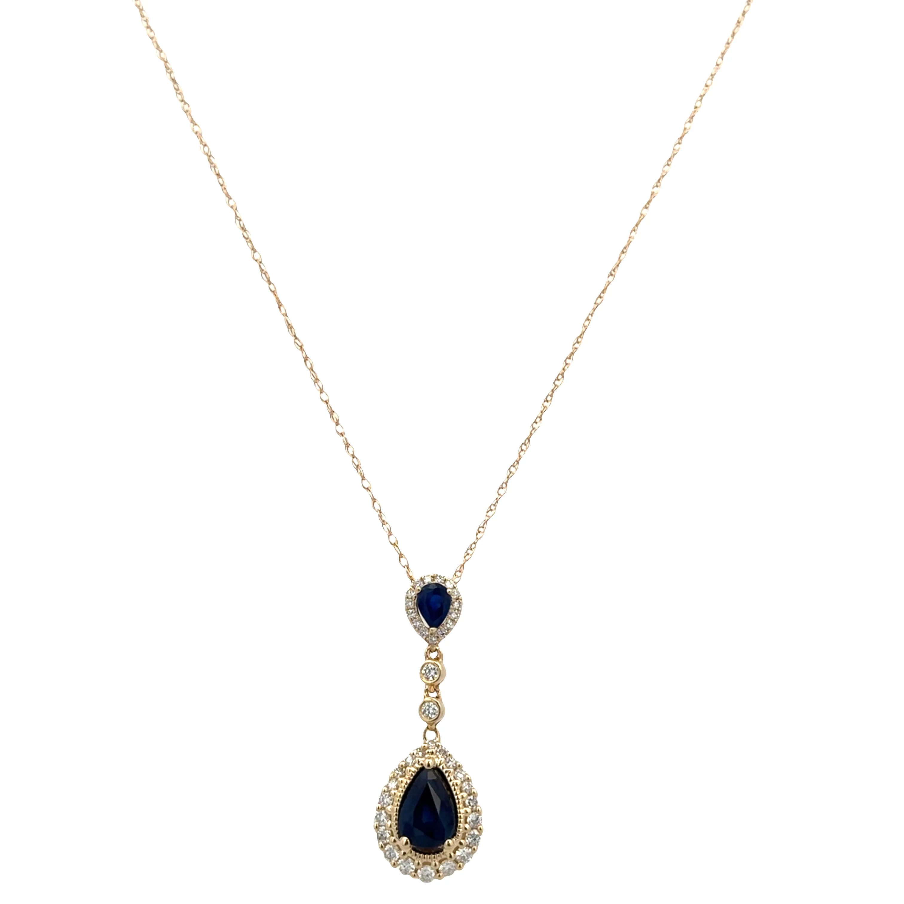 14k Yellow Gold Sapphire & Diamond Halo Pendant Necklace – 18"