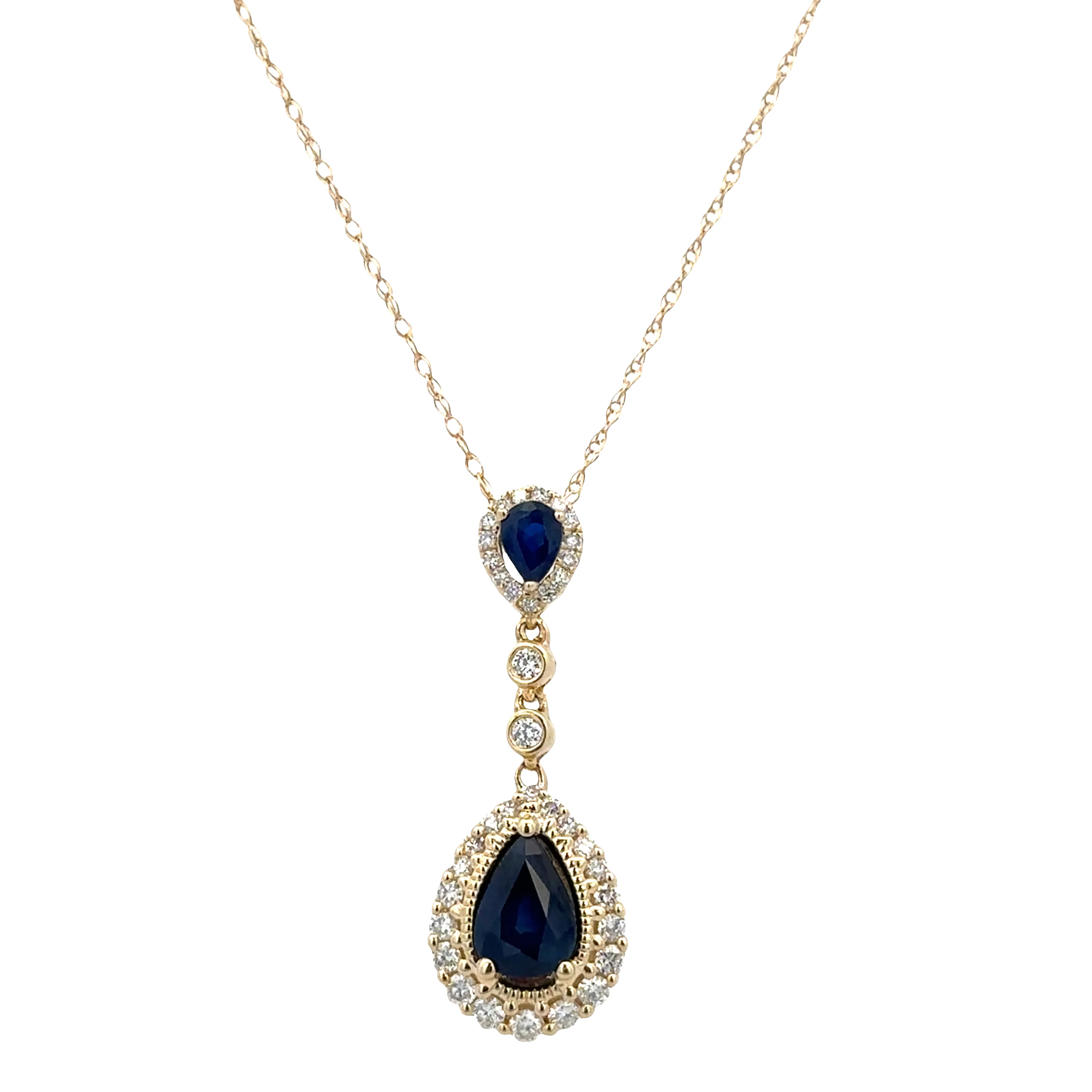 14k Yellow Gold Sapphire & Diamond Halo Pendant Necklace – 18" - Image 2
