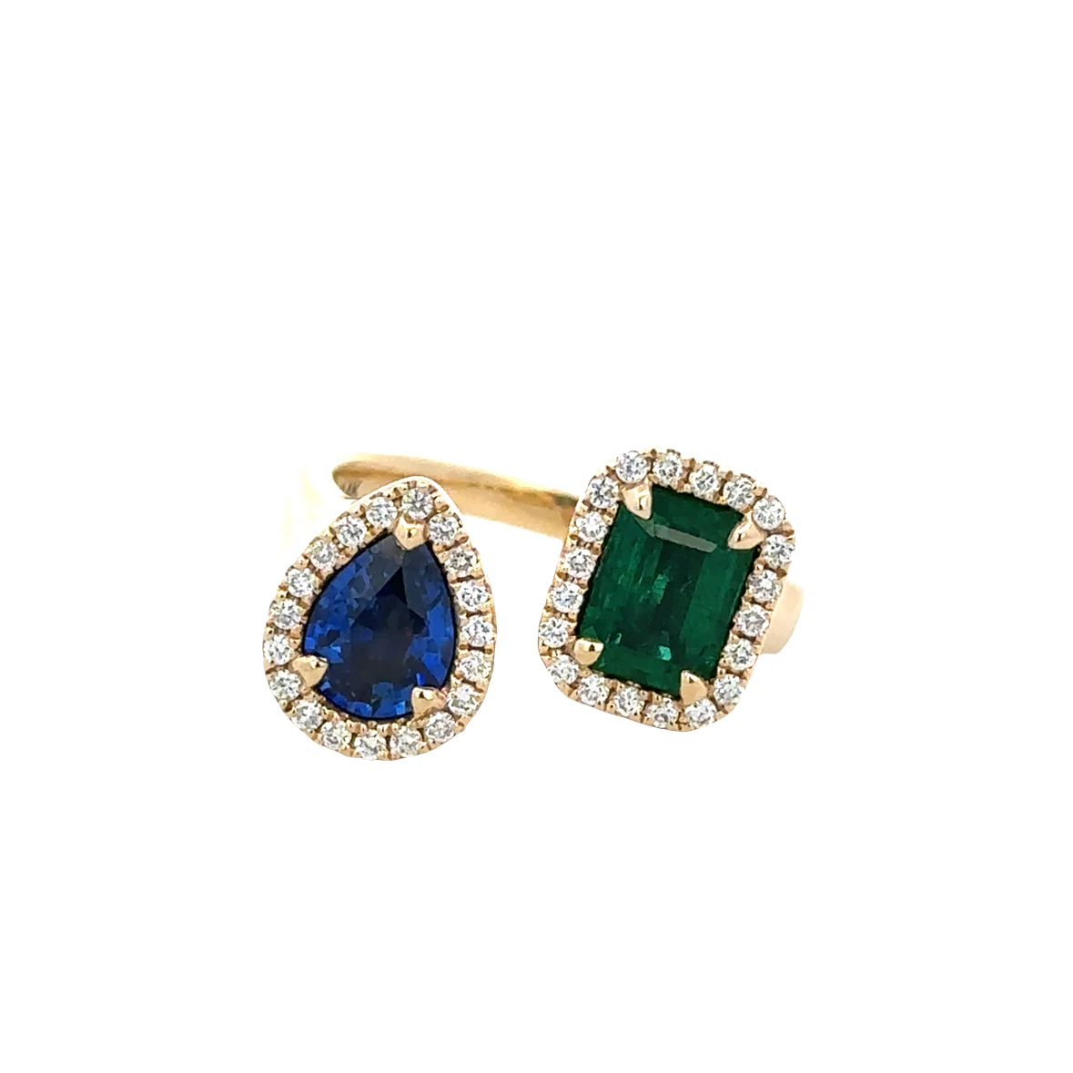 14K Yellow Gold Sapphire & Emerald Bypass Ring – 2.11 CTW Gemstones with Diamond Halos