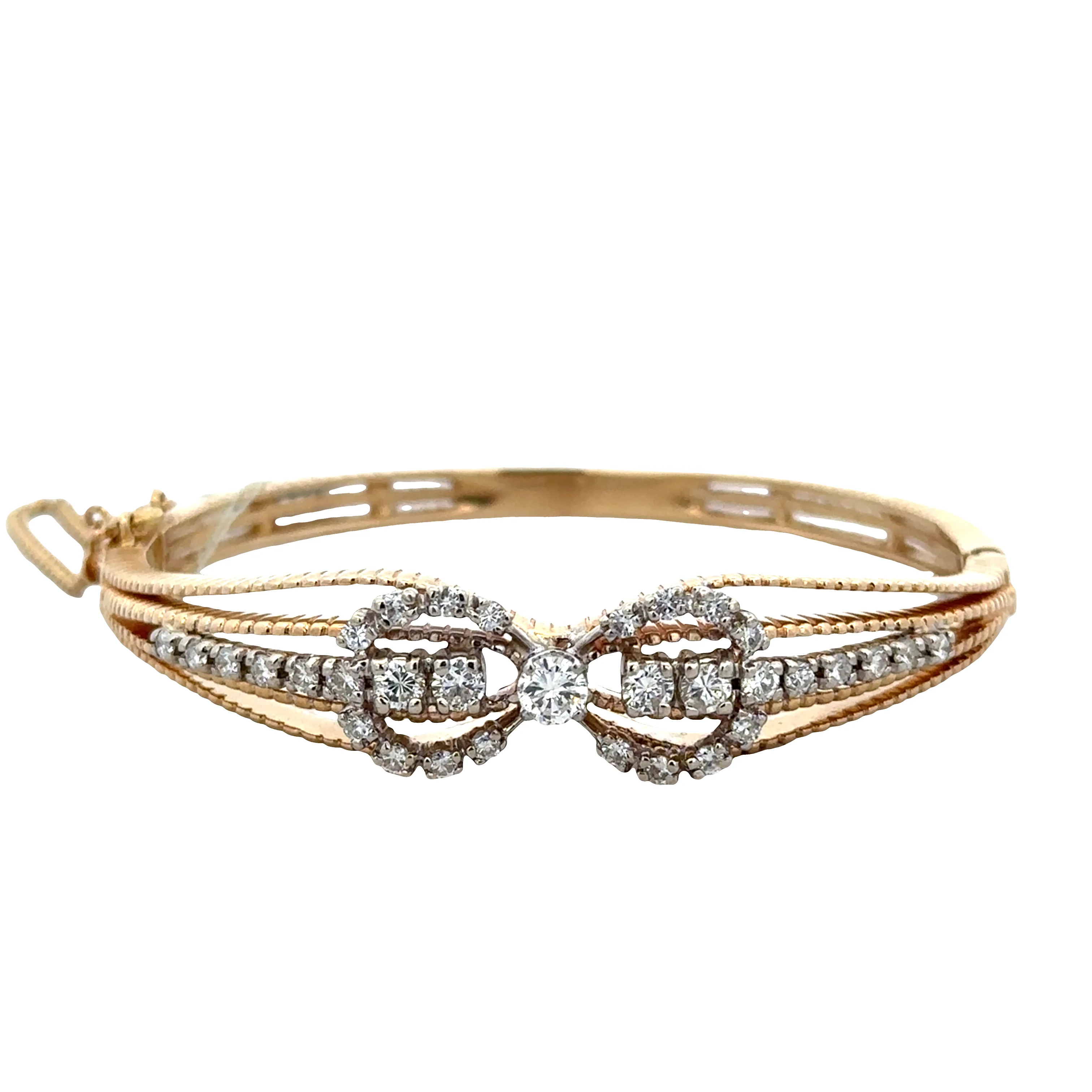 14k Yellow & White Gold Diamond Bow Openwork Bangle Bracelet