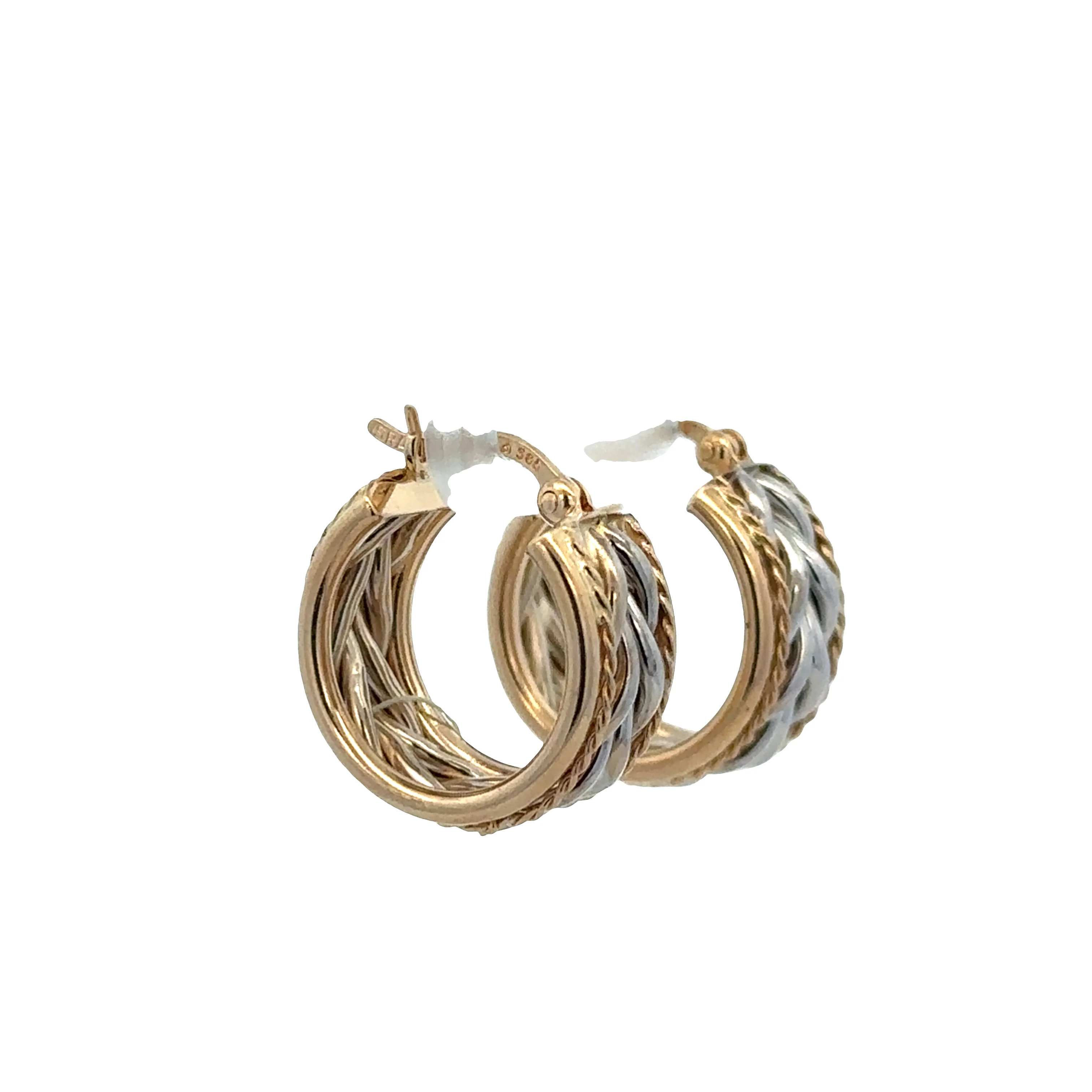 14k Yellow & White Gold Rope Style Hoop Earrings – 5/8 Inch - Image 2