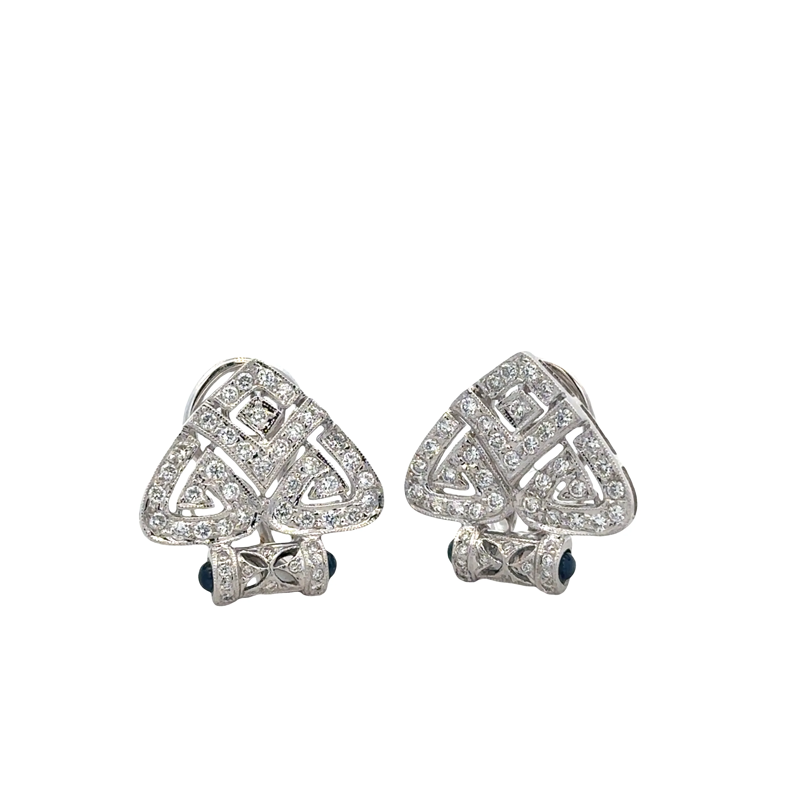 18K White Gold Art Deco-Inspired Triangular Earrings with Diamonds & Sapphire Cabochons – 1.11 CTW