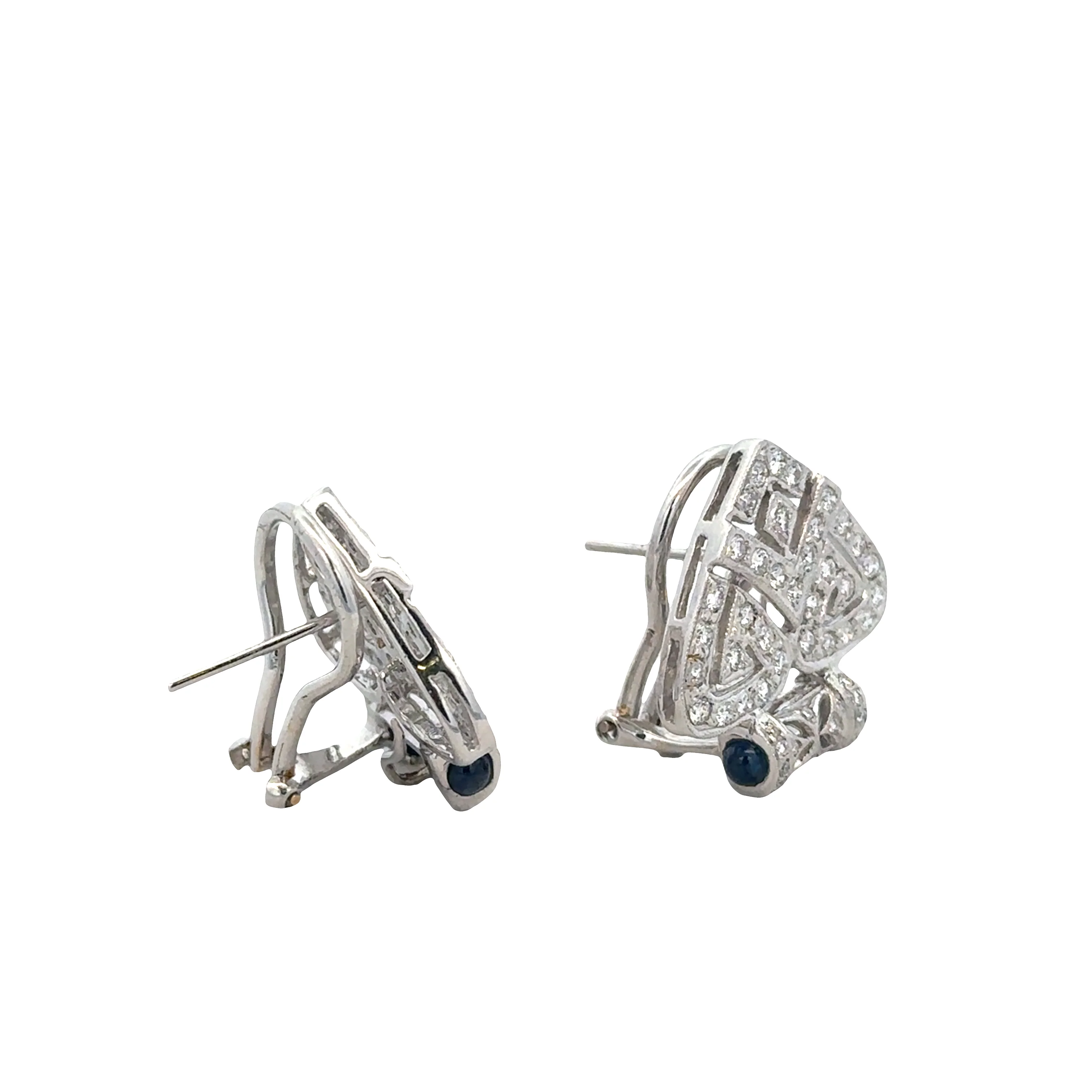 18K White Gold Art Deco-Inspired Triangular Earrings with Diamonds & Sapphire Cabochons – 1.11 CTW - Image 2