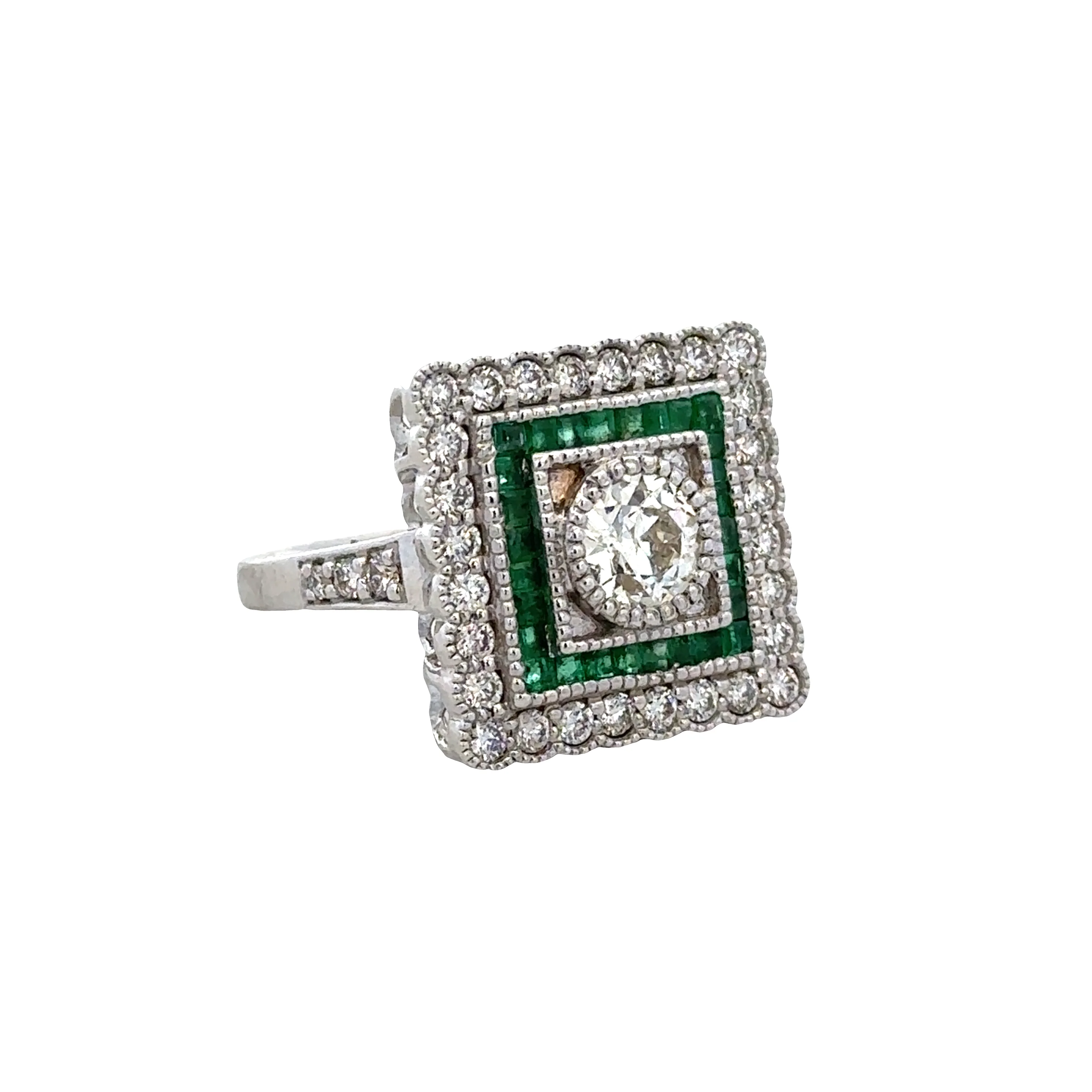 18k White Gold Diamond & Emerald Geometric Ring - Image 2