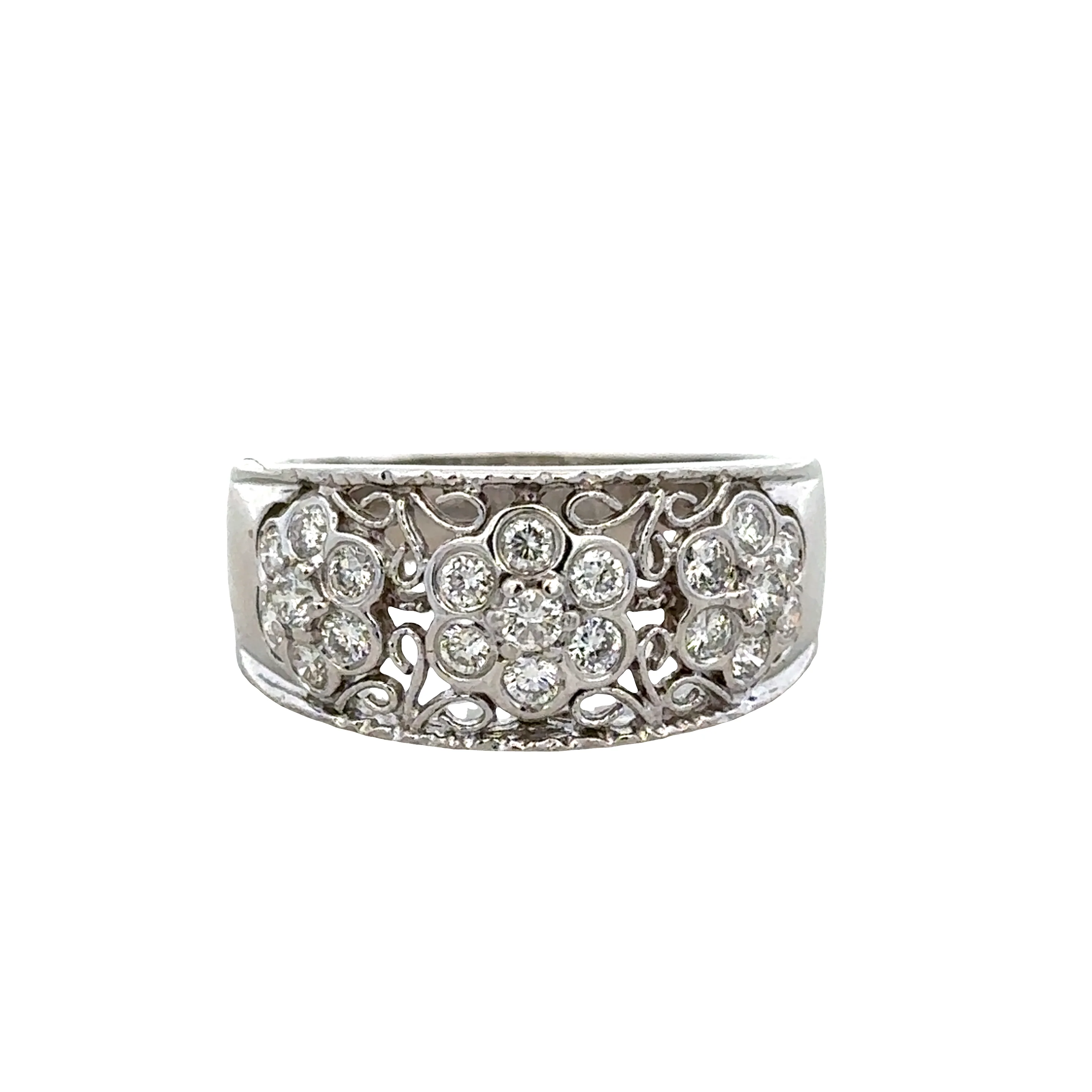 18k White Gold Diamond Floral Filigree Band – Size 9