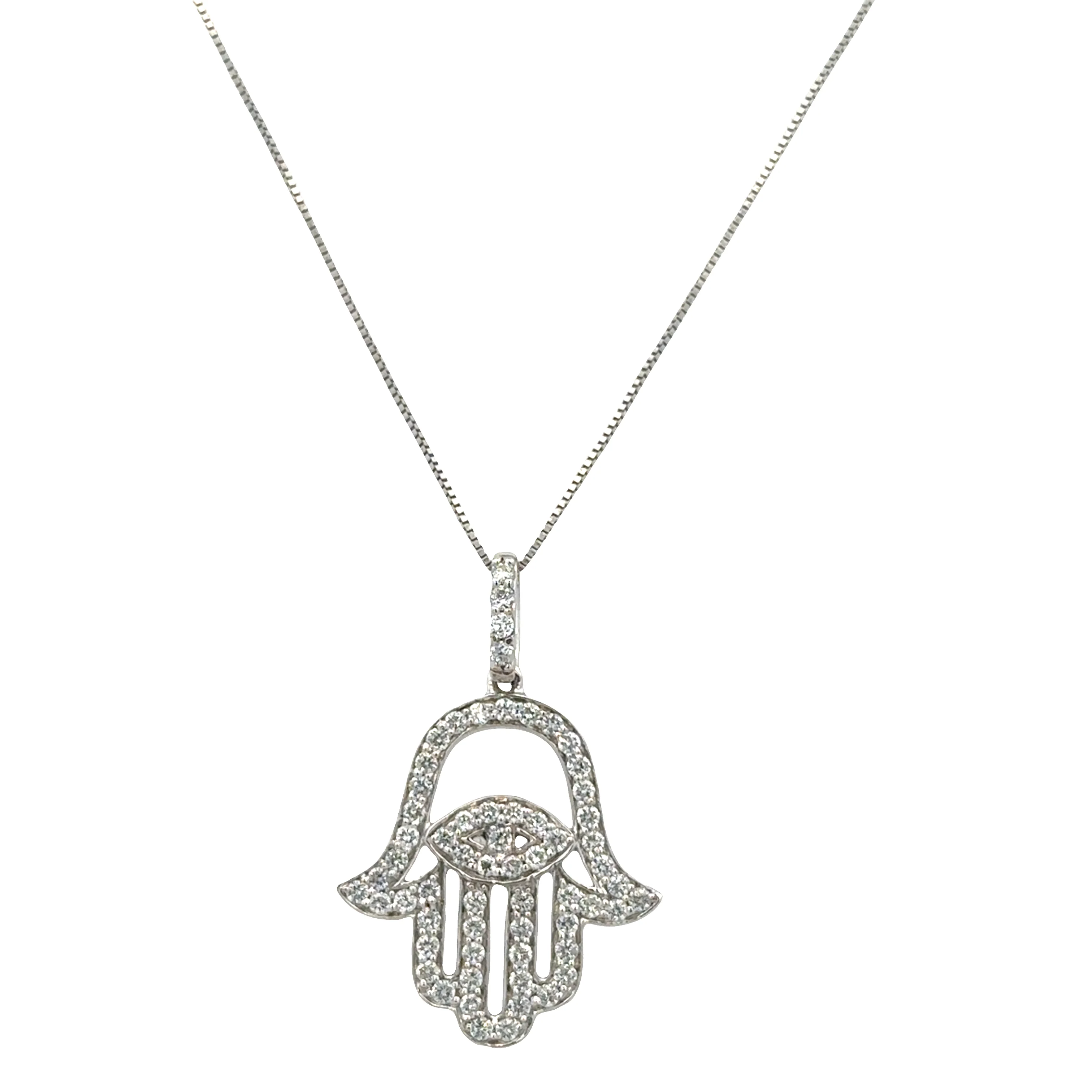 18k White Gold Diamond Hamsa Pendant Necklace – 18"