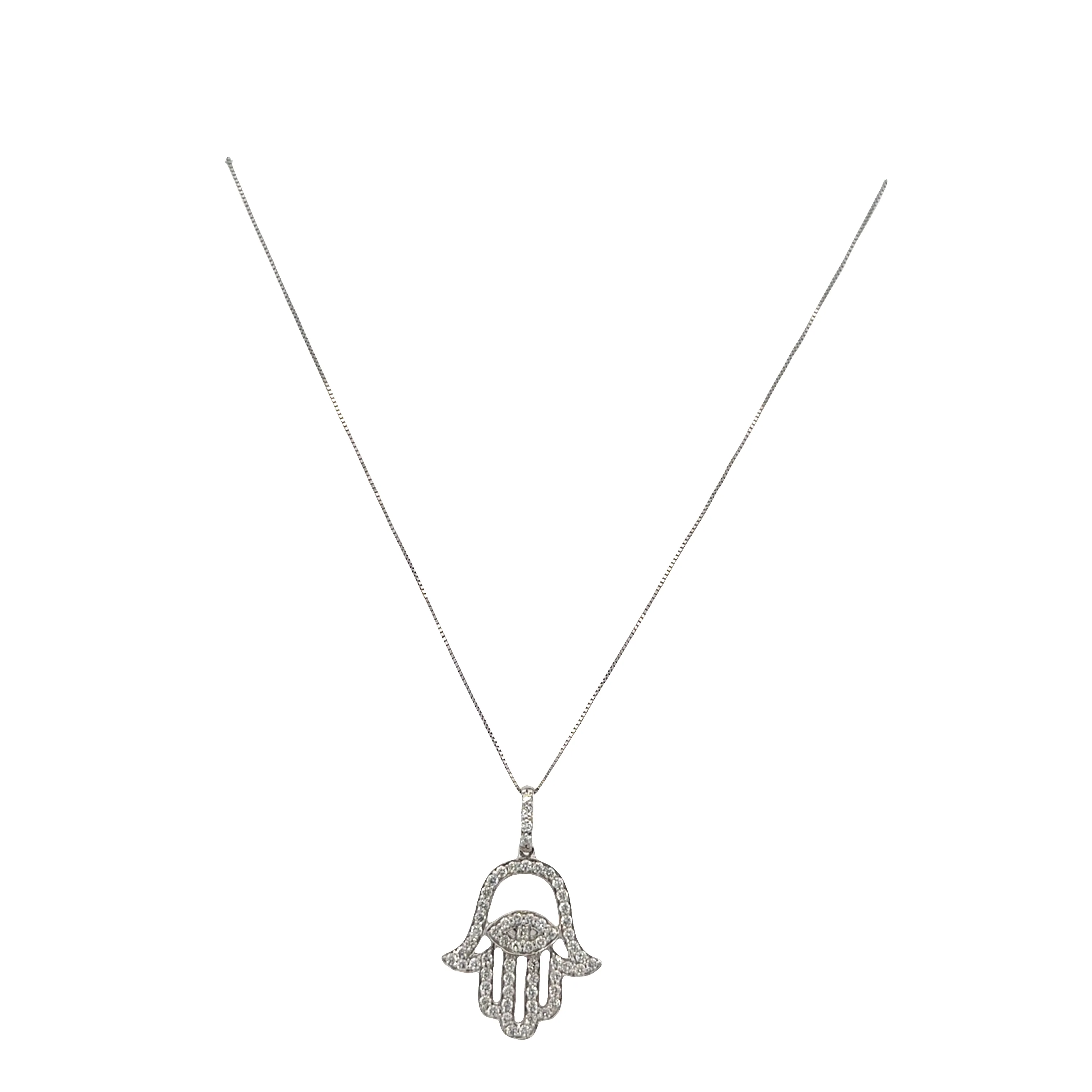 18k White Gold Diamond Hamsa Pendant Necklace – 18" - Image 3