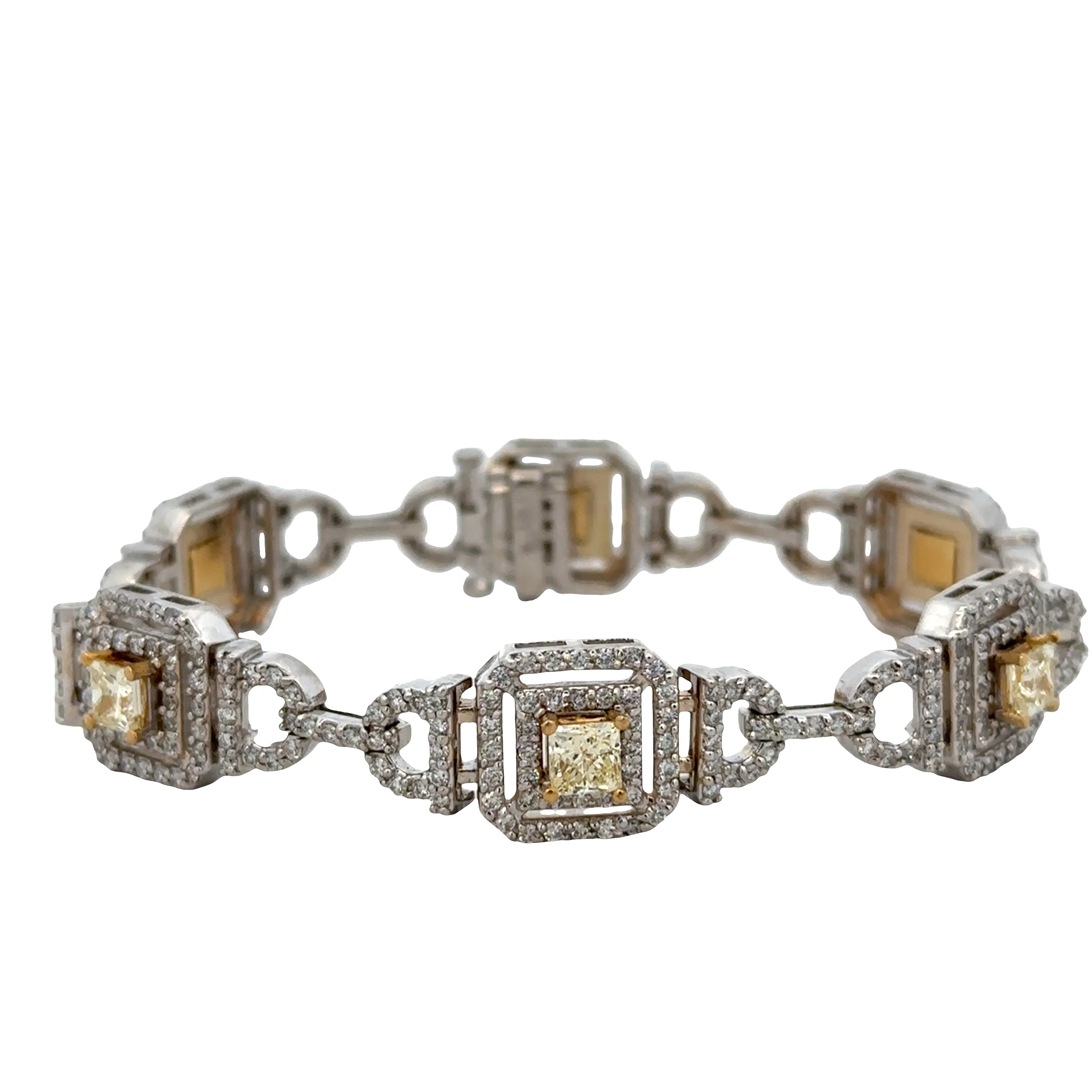 18k White Gold Fancy Light Yellow Princess Cut & Diamond Bracelet – 7"